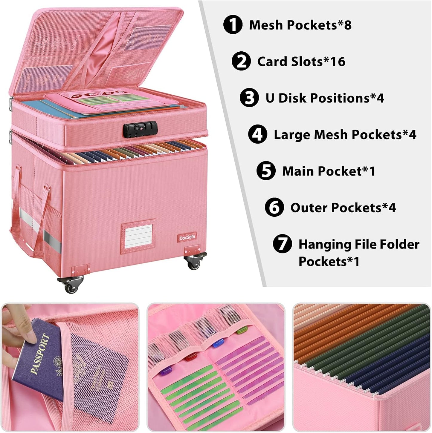 DocSafe File Box with Lock,2-Layer Fireproof Document Box with Wheels,Collapsible Rolling File Storage Organizer with Pockets,Large Portable Home Office Filing Cabinet Safe for Hanging Folders,Pink
