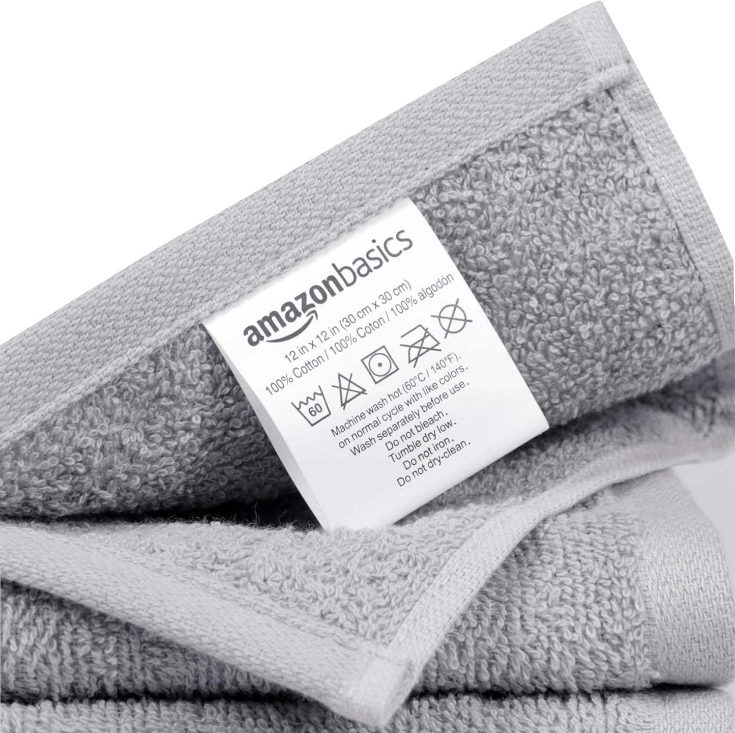 Amazon Basics Highly Absorbent Fast Drying 100% Cotton Washcloths for Bathroom and Face, Machine Washable, 12 x 12 in, Gray, 24-Pack