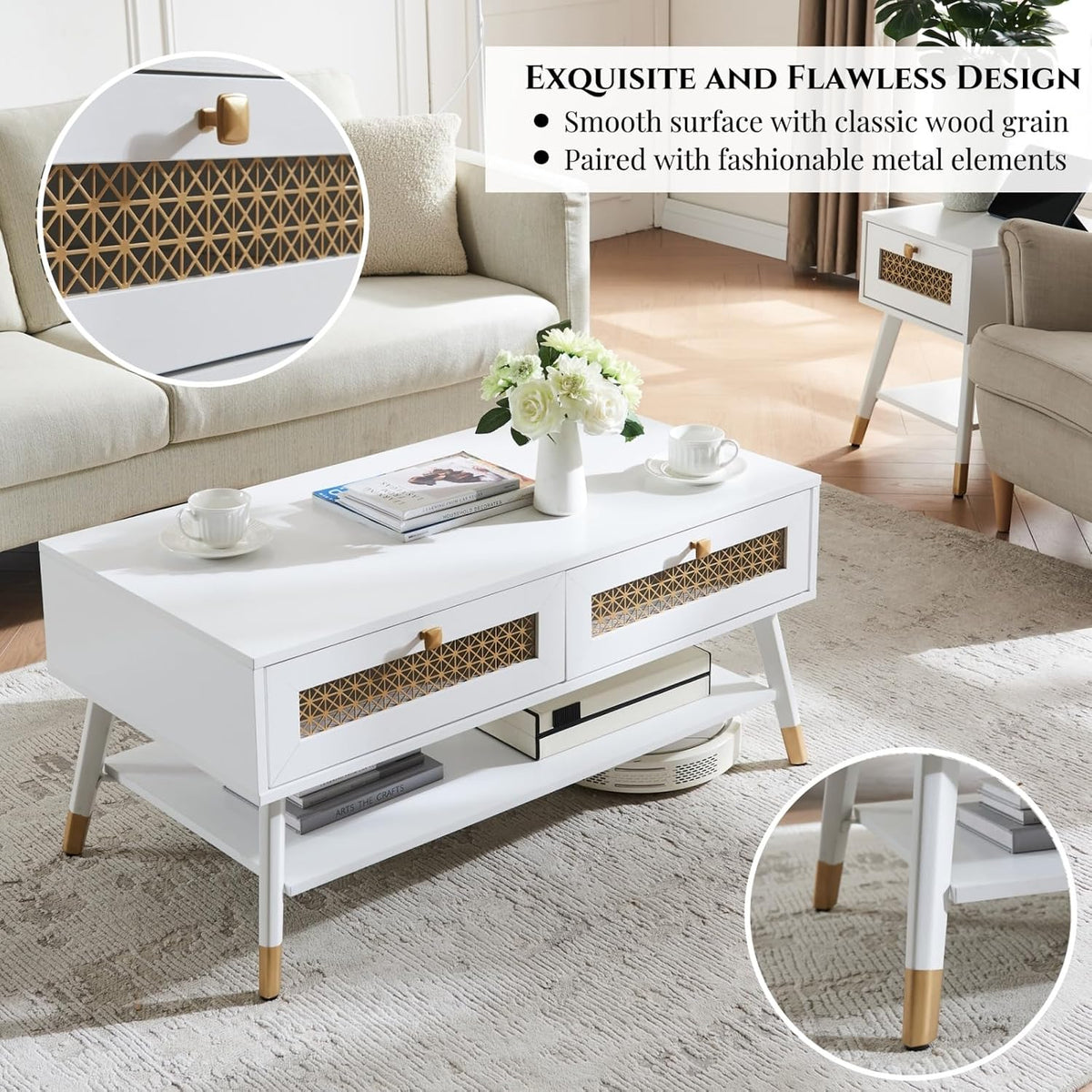 JYED DECOR White Coffee Table with Storage Drawers & Open Shelf, Mid Century & Boho Living Room Table with Gold Metal Designed for Home