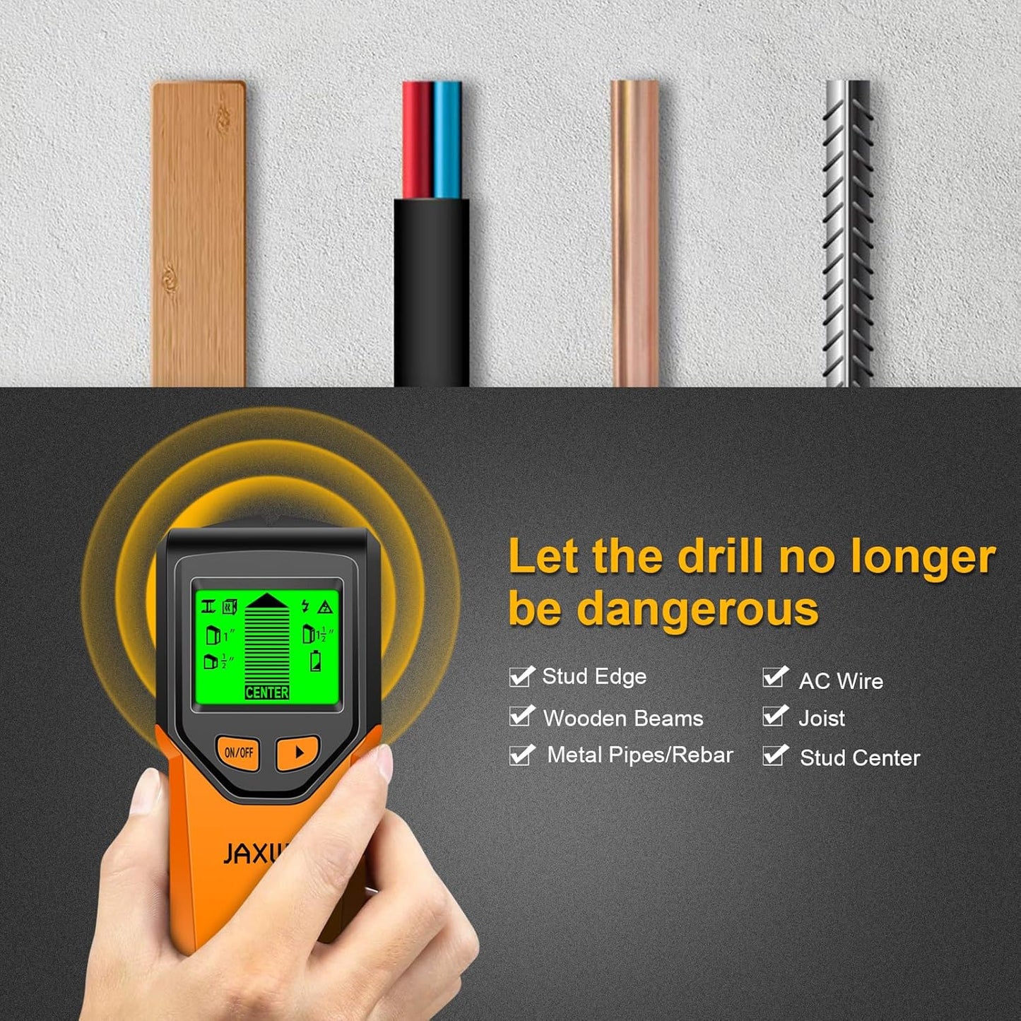 Stud Finder Wall Scanner - 5 in 1 Stud Finder Tool w/Smart Chip and HD LCD Display, Stud Detector Beam Finders for the Center and Edge of Wood AC Wire Metal Studs Joist Pipe (Orange Juice)
