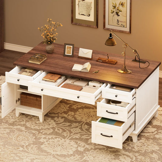 GarveeHome Executive Desk with File Drawers, Farmhouse Home Office Desk with Charging Station, 60 in Wooden Computer Desk with Cabinet Storage for Work Study Writing, White Walunt