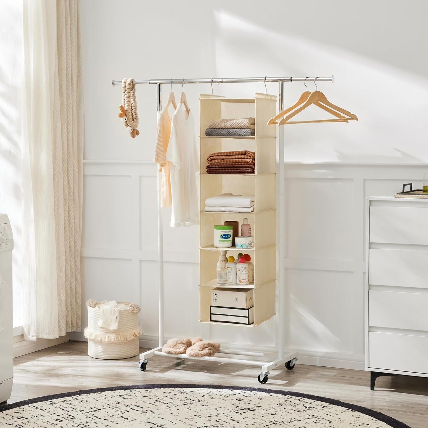 MAX Houser 6 Tier Shelf Hanging Closet Organizer, Cloth Hanging Shelf with 2 Sturdy Hooks for Storage, Foldable (Beige)