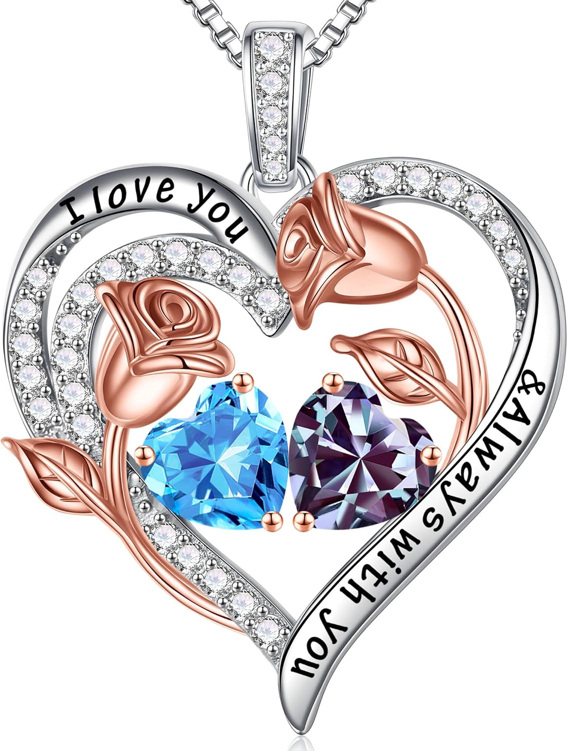 Iefil Birthstone Necklace for Women - Rose Heart Necklace