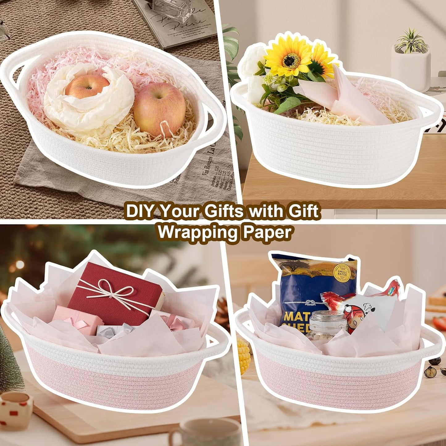OIAHOMY Gift Basket Empty with Handle, 12"x 8"x 5" Small Woven Basket with Gift Bag, Ribbon and Wrap Tissue Paper, Dog Toy Storage for Organizing - Brown & White