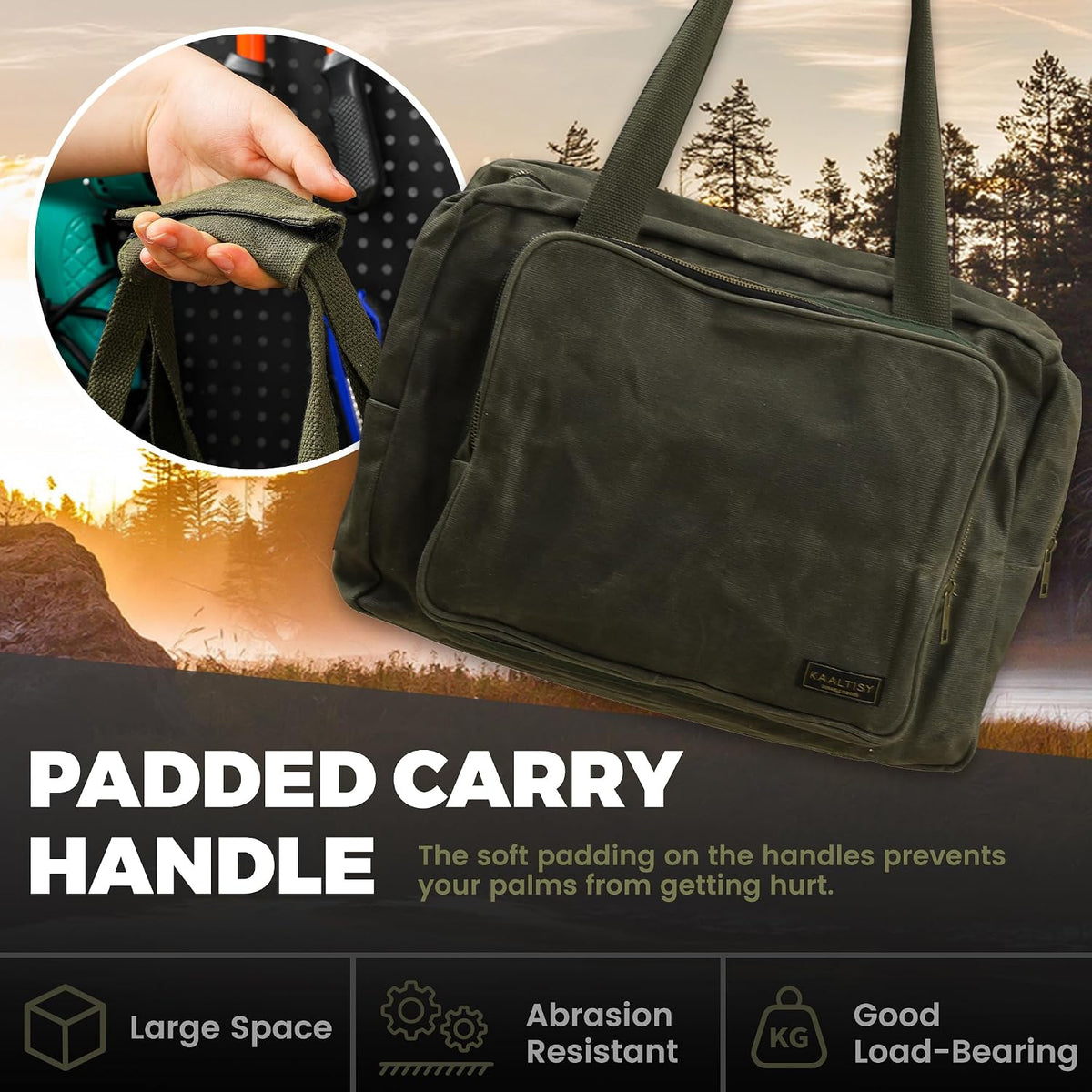Tool Tote | Heavy Duty 16oz Waxed Canvas Tool Storage Bag - Portable 3 Pockets Tote Bag with Padded Handle& Metal Zipper, for Craftsman Gardener Carpenter Mechanic | 15.5"L x 7.5"W x 11.5"H