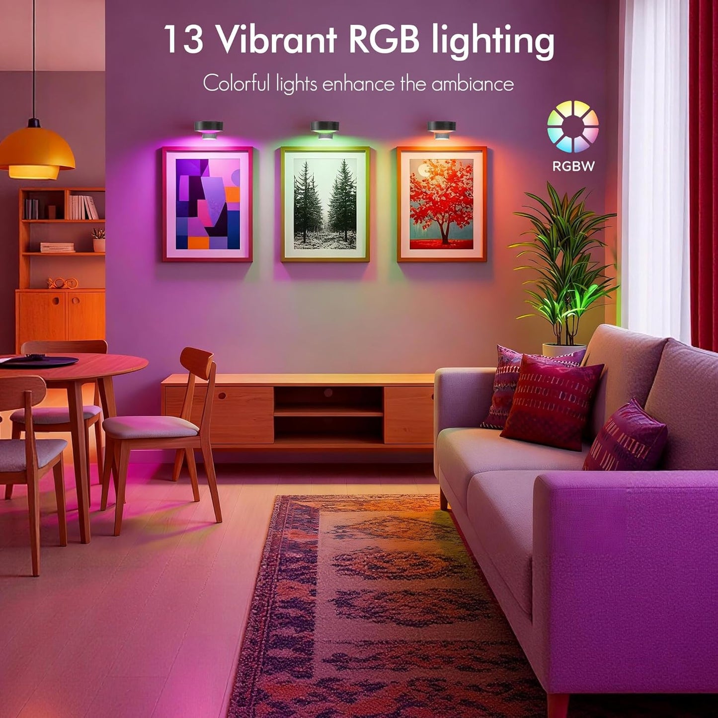 3Pack Picture Lights for Wall, RGB Color Changing Led Art Display Light with Rechargeable Battery Operated, Magnetic Painting Light with Remote Control, Wireless Home Wall Decorative Lighting, Black