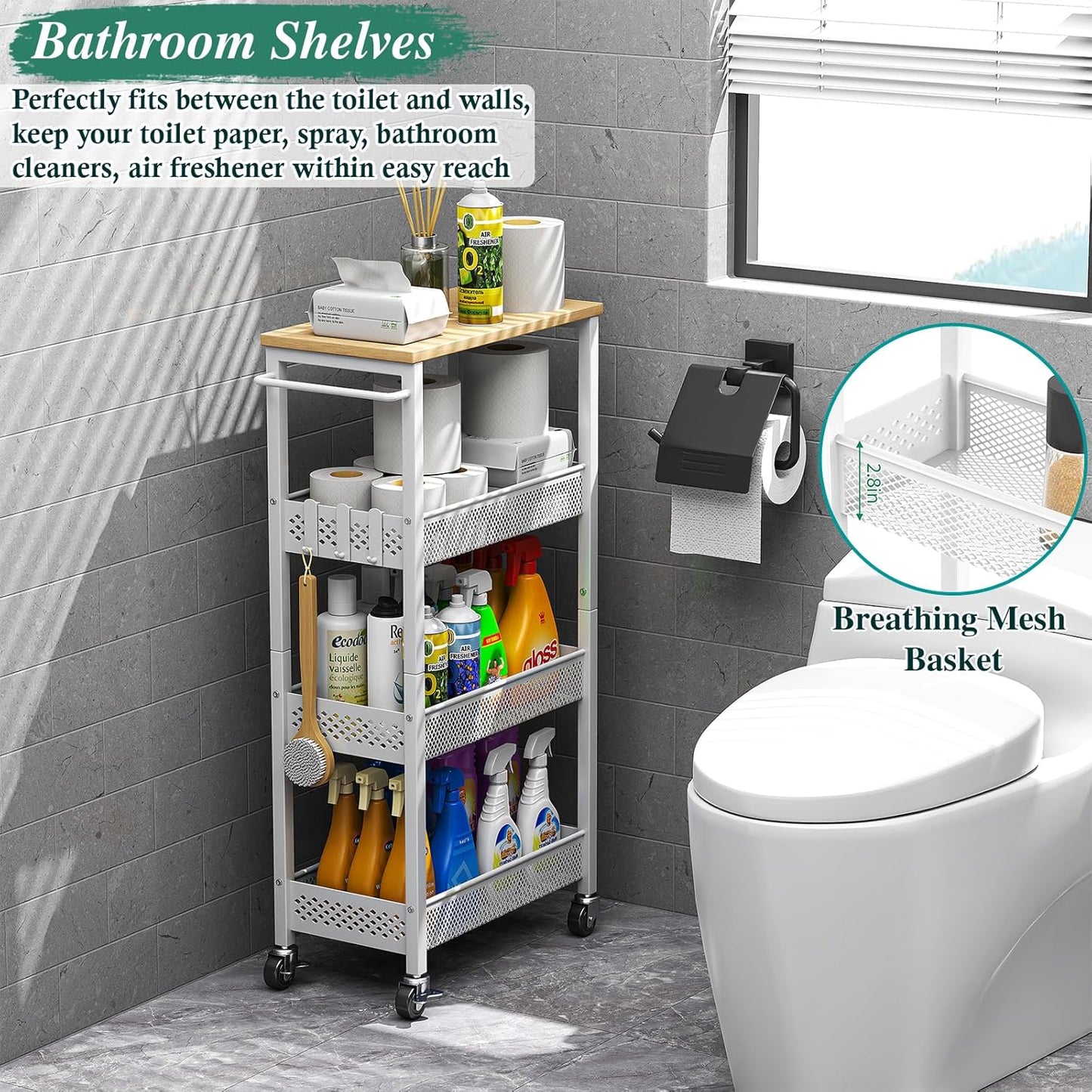 OKZEST Utility Slim Storage Cart, 4-Tier Narrow Bathroom Organizers and Storage Cart, Narrow Metal Kitchen Laundry Room Organization Shelf with Wood Top, Slim Rolling Carts with Wheels for Small Space
