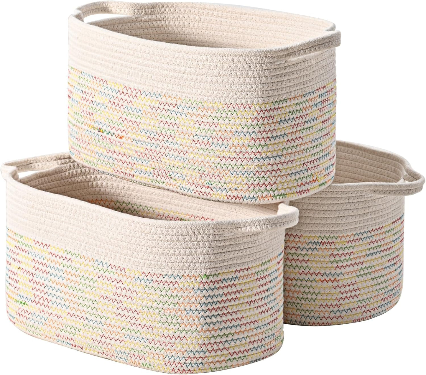 DUHEL Cotton Rope Woven Storage Basket(White&Colored Stitching-3Pcs) | Used for Baby Hamper Toy Organizer, Gift Baskets Empty,Kids,Baby,nursery. Size 15x10x8.7 Inches.