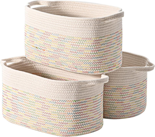 DUHEL Cotton Rope Woven Storage Basket(White&Colored Stitching-3Pcs) | Used for Baby Hamper Toy Organizer, Gift Baskets Empty,Kids,Baby,nursery. Size 15x10x8.7 Inches.