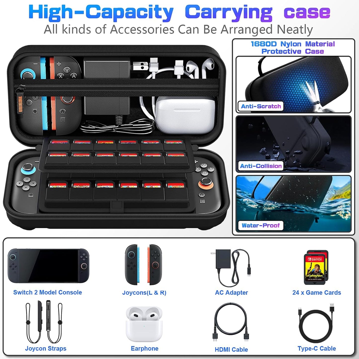 daydayup Switch Carrying Case Compatible with Nintendo Switch 2, with 24 Games Cartridges Protective Hard Shell Travel Carrying Pouch for Console & Accessories Playstation Vita Case