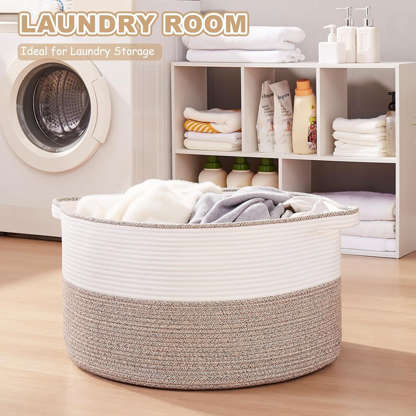 OIASKET Large Blanket Basket with Handles, 22.8" x 22.8" x 13" Woven Storage Basket for Living Room, Cotton Rope Baby Toy Storage for Clothes, Pillows, Towels-Brown & White