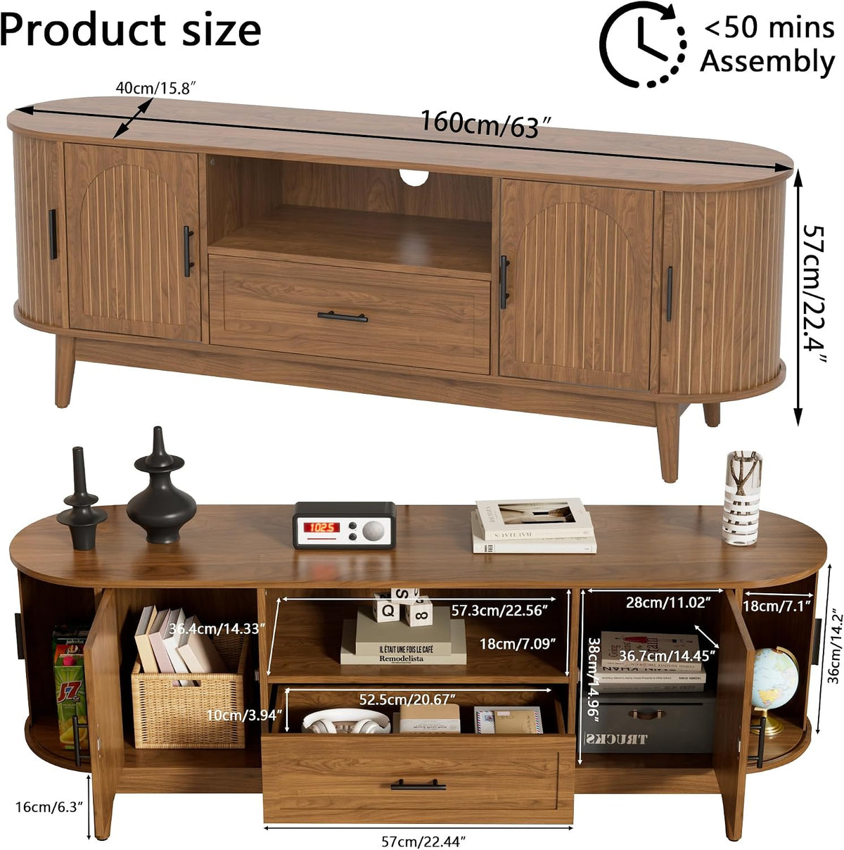 63" Fluted TV Stand for Tvs up to 70" Entertainment Center with Drawers