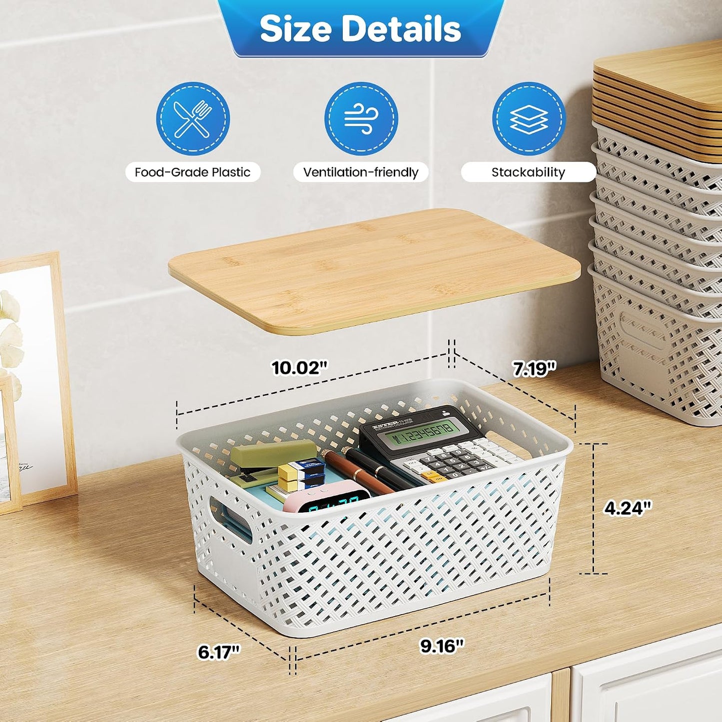 Anysig 8 Pack Plastic Storage Bins with Bamboo Lids, 5.2 QT Stackable Bins