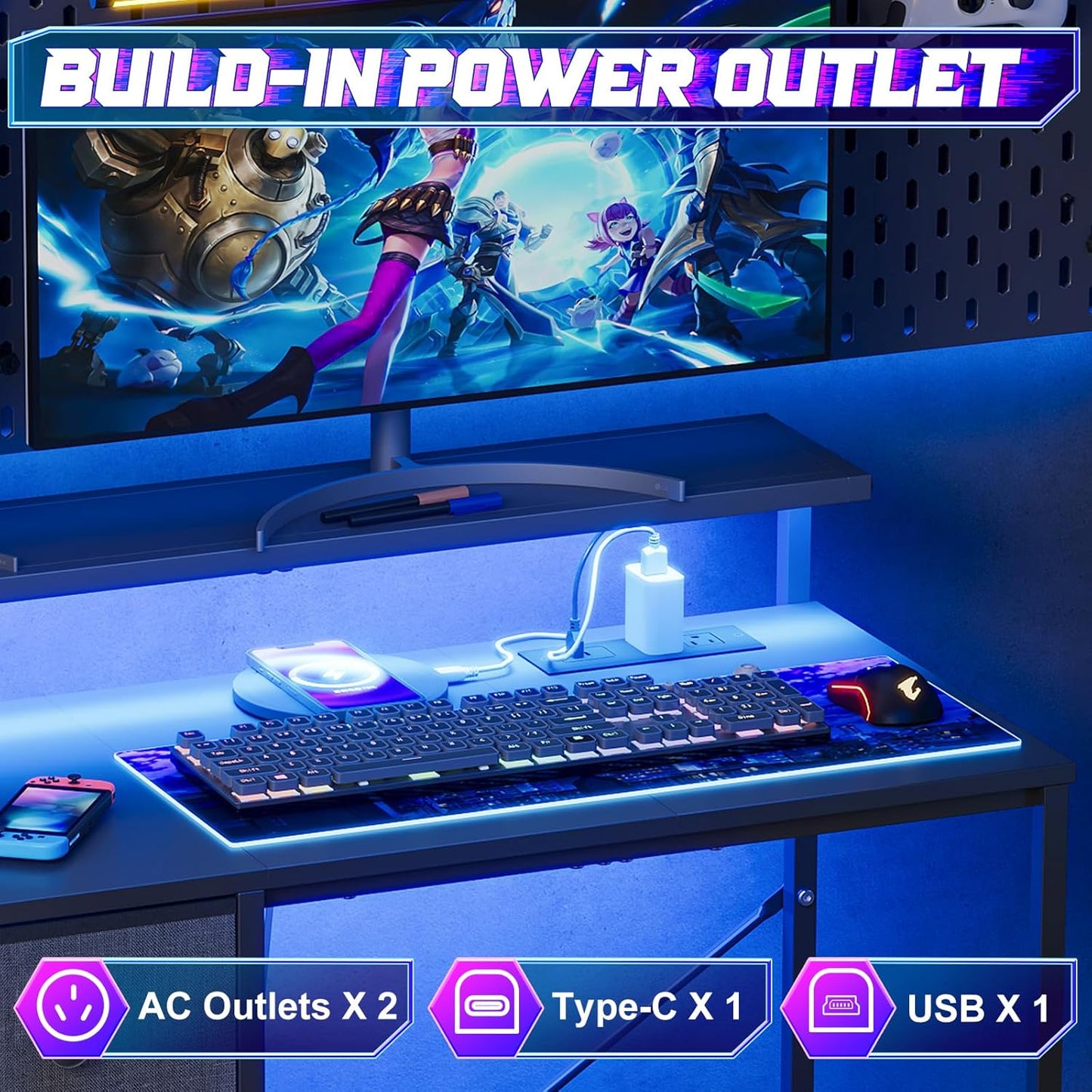 X-cosrack 33.5" Small Gaming Desk with LED Lights & Long Monitor Stand, Compact Computer Desk with Power Outlets & CPU Stand, Gamer Table with Storage Drawer for Home Office, Bedroom Corner, Black