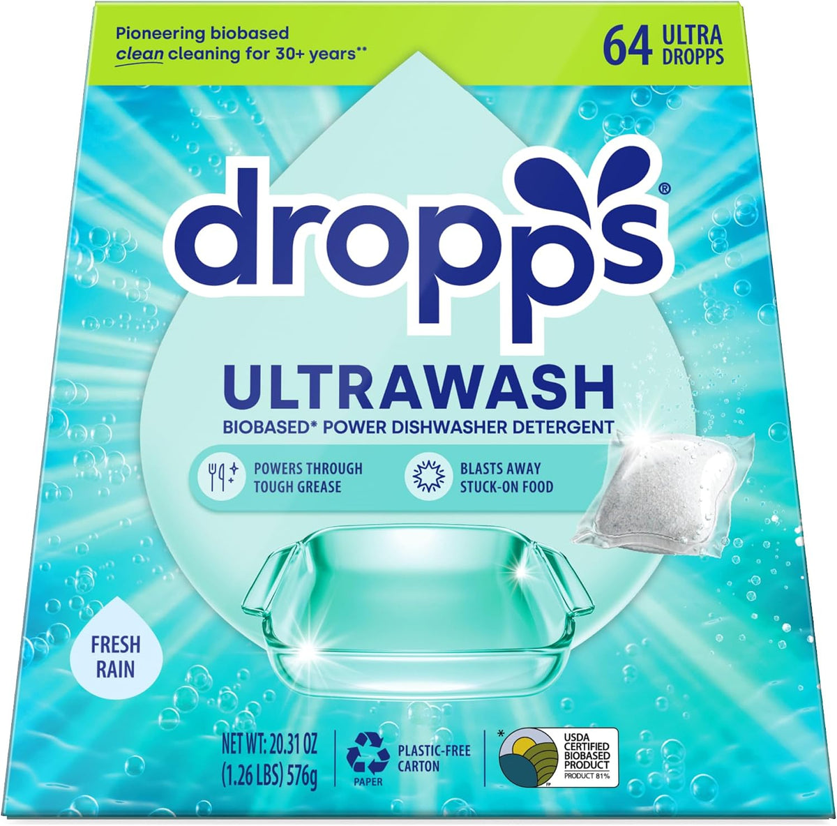Dropps UltraWash Dishwasher Detergent Pods, Unscented (32 Ct) - Free & Clear | Cuts Grease & Stuck-On Food | Sparkling Dishes & Glasses | Residue-Free | Clean Ingredients | Plastic Free Packaging