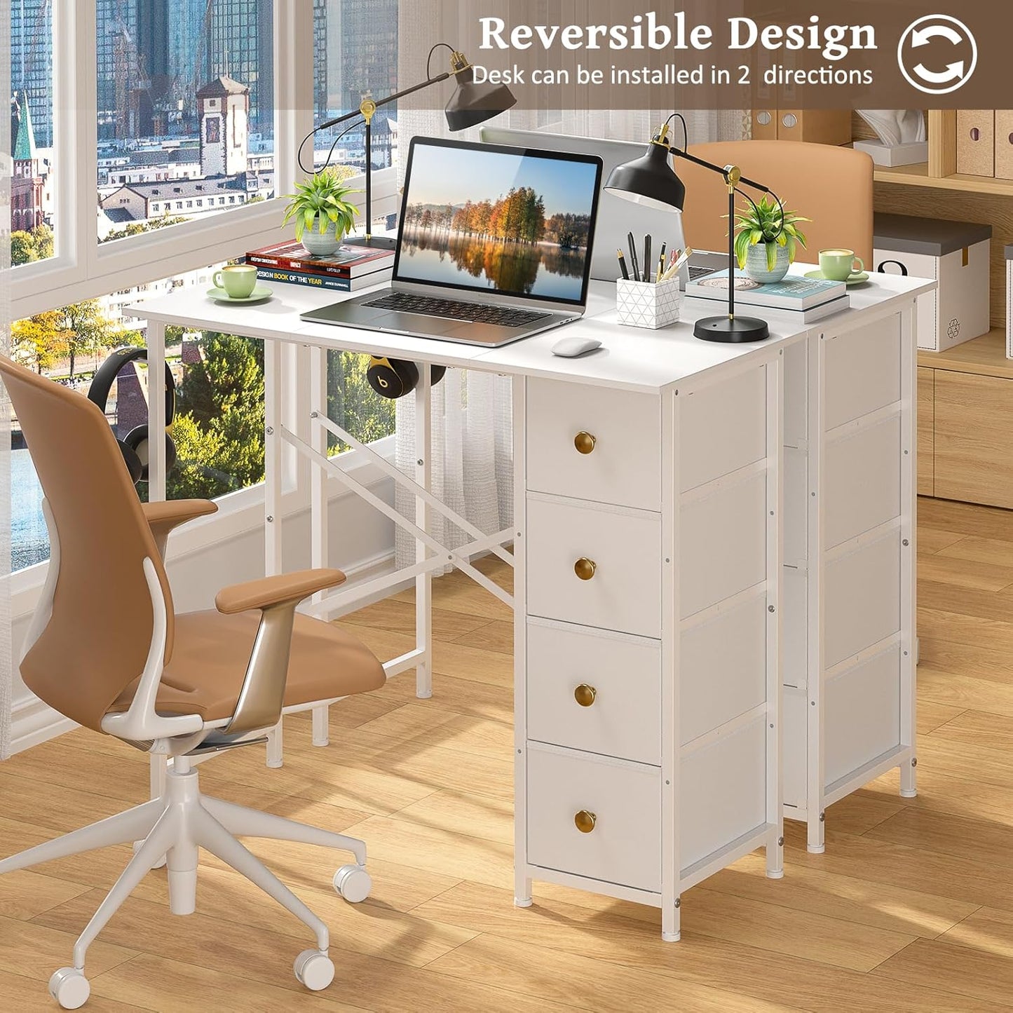 Small White Desk with Drawers for Bedroom, 35.4 Inch Kids Girls Teens Student Writing Desk with Storage, Reversible Study Table, White Computer Desk for Home Office, Makeup Vanity Desk for Small Space
