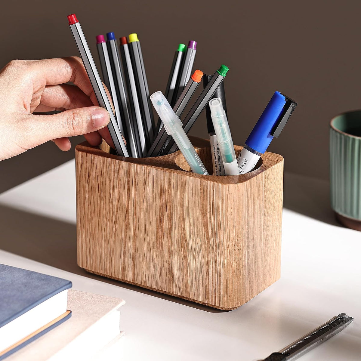 Oak Solid Wood Pen &Pencil Holder for Desk, Office Stationery Organizer, Table Pencil Cup Stand,Desk Accessories Holder, Two Cups Practical Design. (Nature Oak)