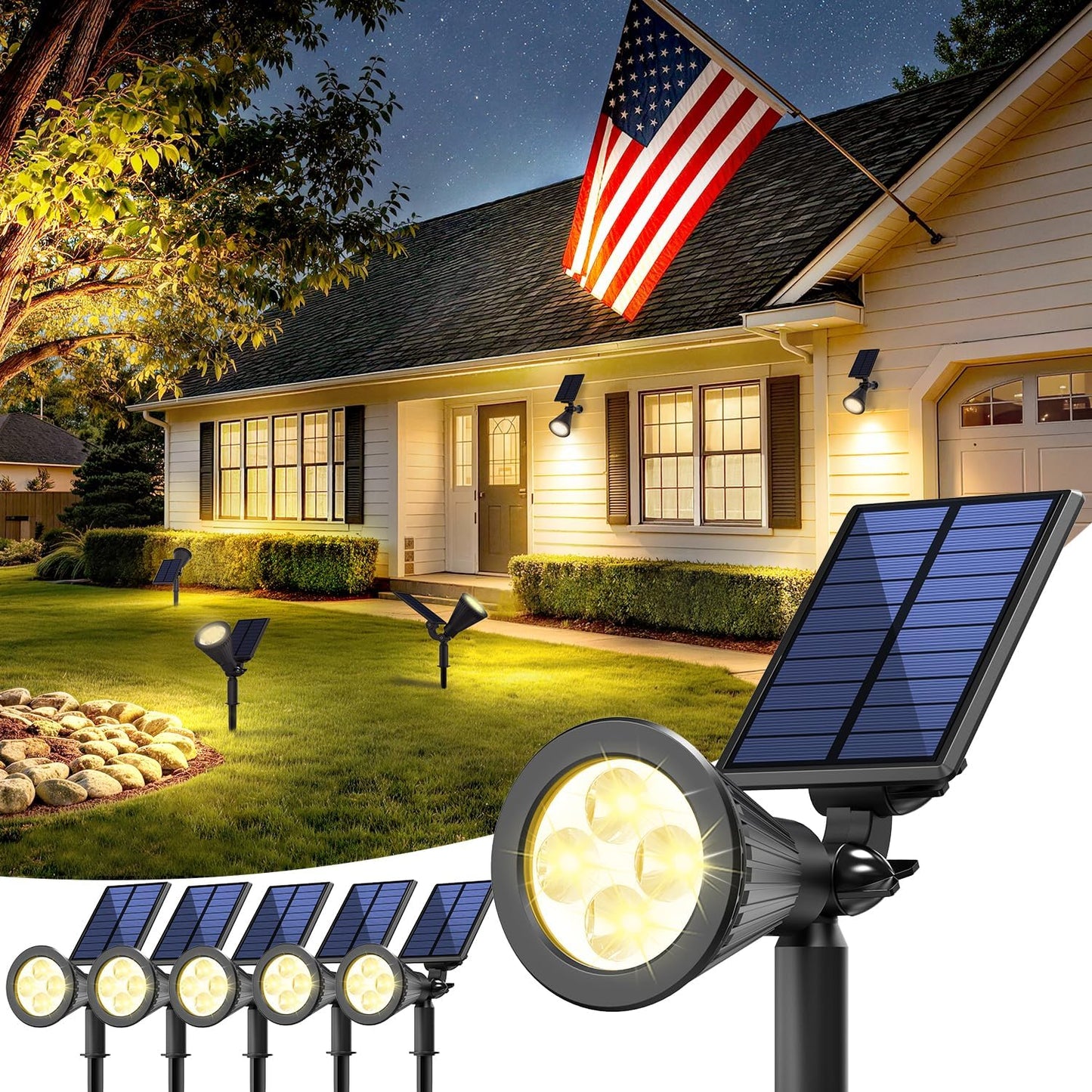 JEJOT 6 Pack Solar Lights Outdoor Waterproof,Warm White Light,2 Lighting Modes,Solar Powered Spotlights for Yard Garden Solar Spot Lights for Flag Landscape Auto On/Off
