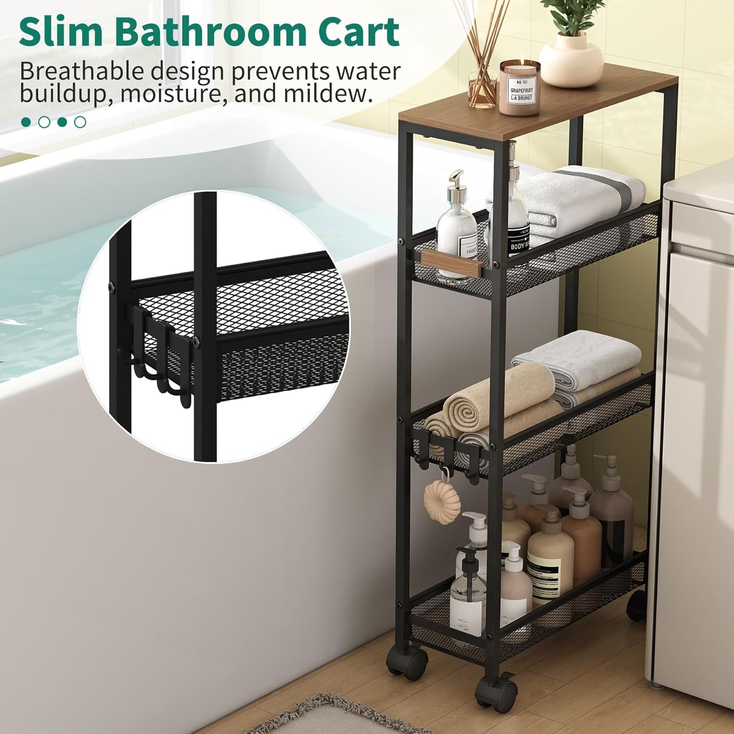 TIPGO Utility Slim Storage Cart, 4 Tier Rolling Cart with Wheels, Narrow Storage Cabinet for Bathroom, Laundry Shelves for Room Organization, Small Organizer for Kitchen, Office and Dorm (Black)