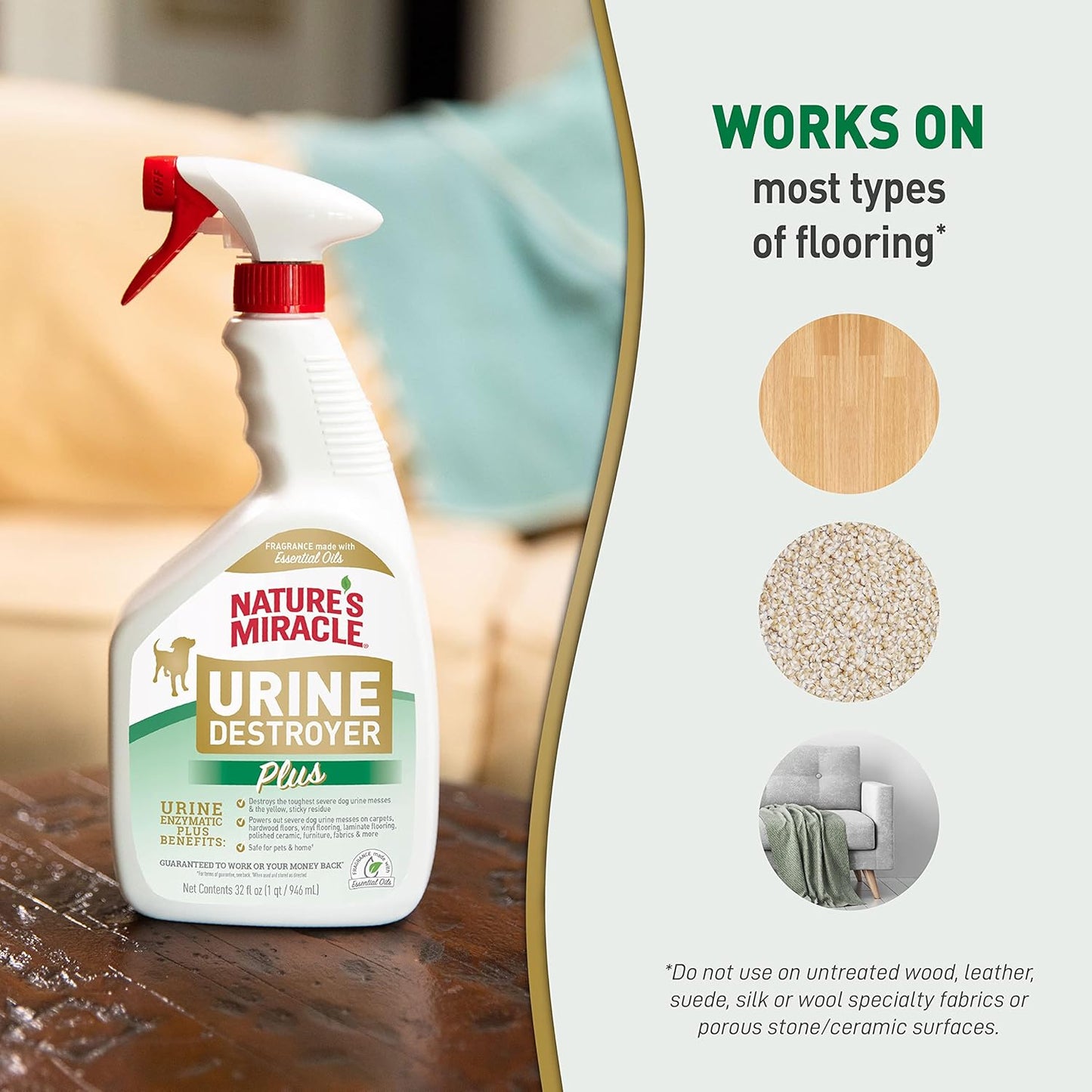 Nature's Miracle Urine Destroyer Plus for Dogs, Enzymatic Formula for Severe Dog Urine Stains, 32 oz