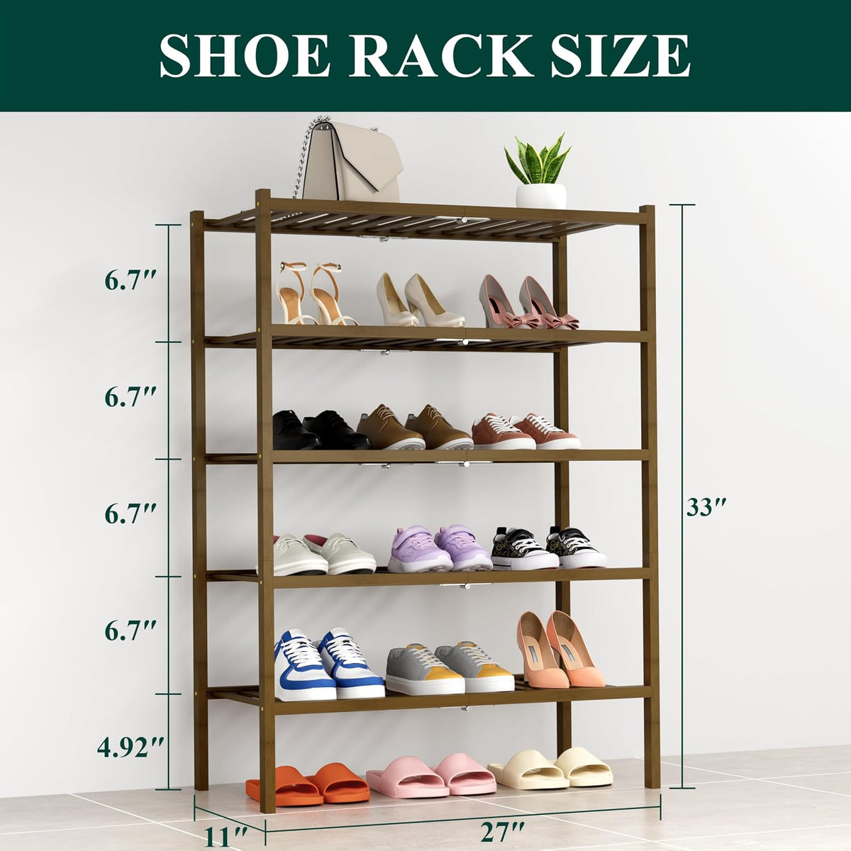Smiry Bamboo Shoe Rack, 14 Vertical Slats, 5 Tier - 26.8" Wide, Walnut