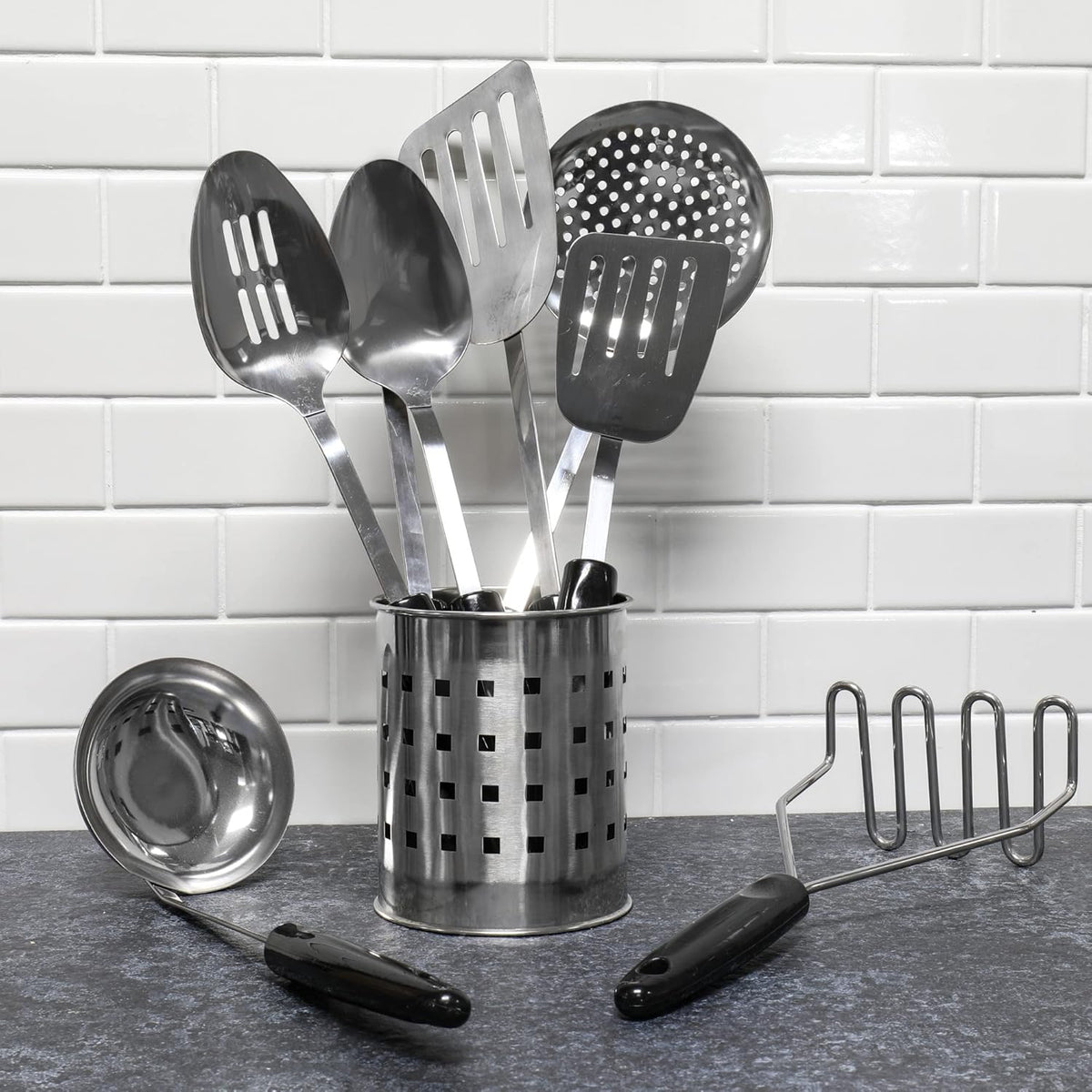 Chef Craft Basic Stainless Steel Kitchen Tool and Utensil Set, 8 Piece Set, Black