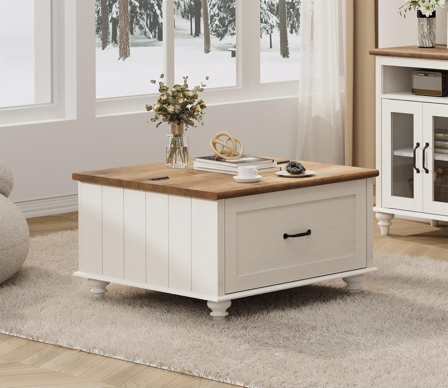 WAMPAT Farmhouse Lift Top Coffee Table with Storage Cabinet, Square Coffee Table with Large Drawer, Wooden Center Table for Living Room, Home, Office, Off White