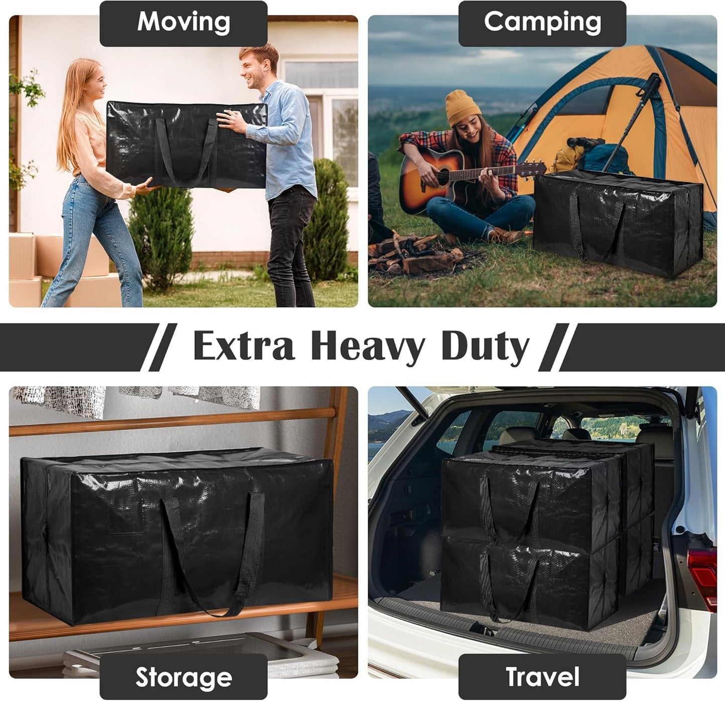 6 Pack Moving Bags with Full-Open Side Zipper, Extra Large 93L Heavy Duty Waterproof Foldable Storage Totes for College Dorm, Moving & Home Organization Black