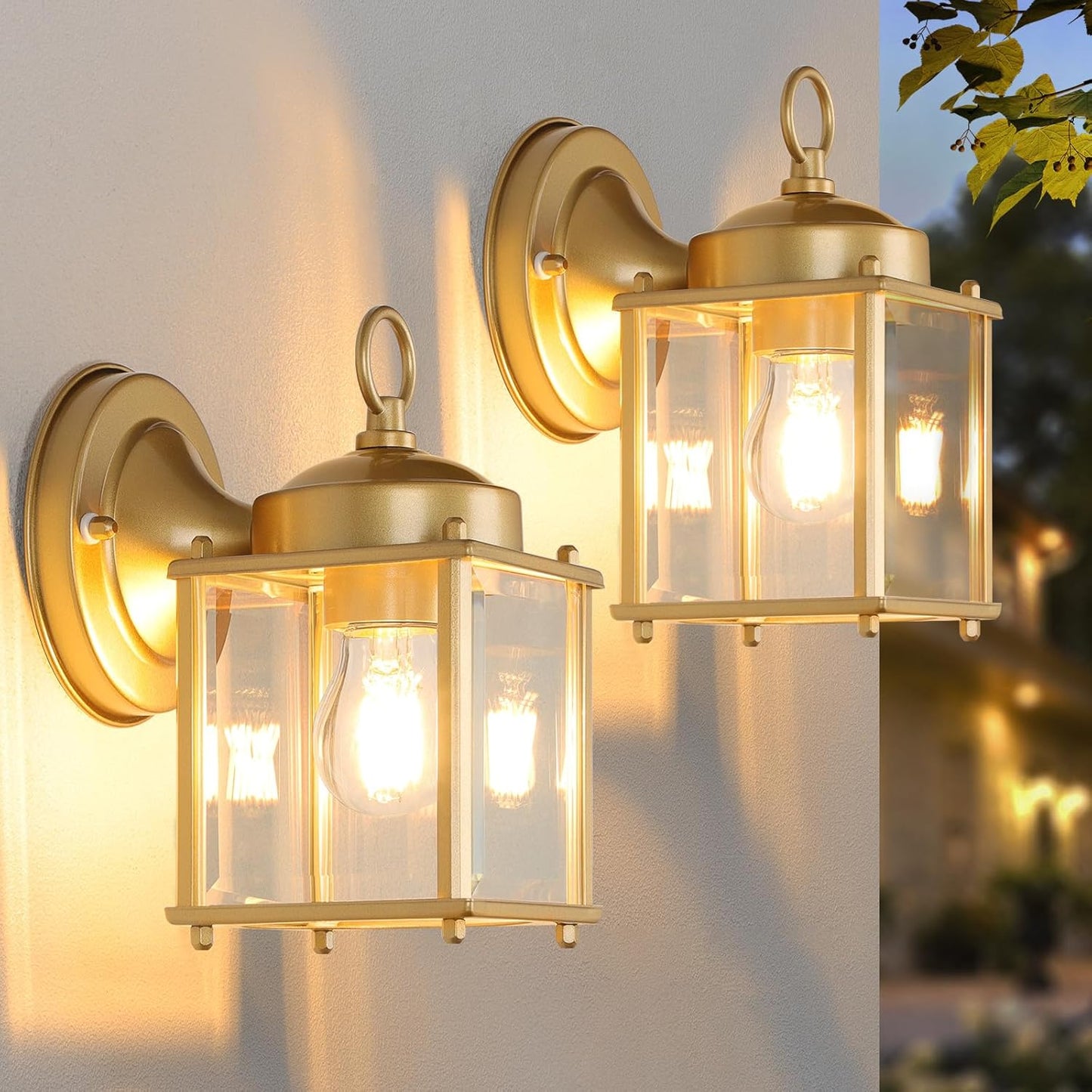 MATAMEYE Outdoor Wall Lantern, Exterior Waterproof Wall Sconce Light Fixtures, Gold Front Door Lighting with Clear Beveled Glass Shade, 2 Pack