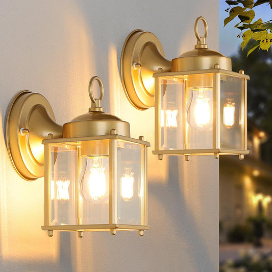 MATAMEYE Outdoor Wall Lantern, Exterior Waterproof Wall Sconce Light Fixtures, Gold Front Door Lighting with Clear Beveled Glass Shade, 2 Pack