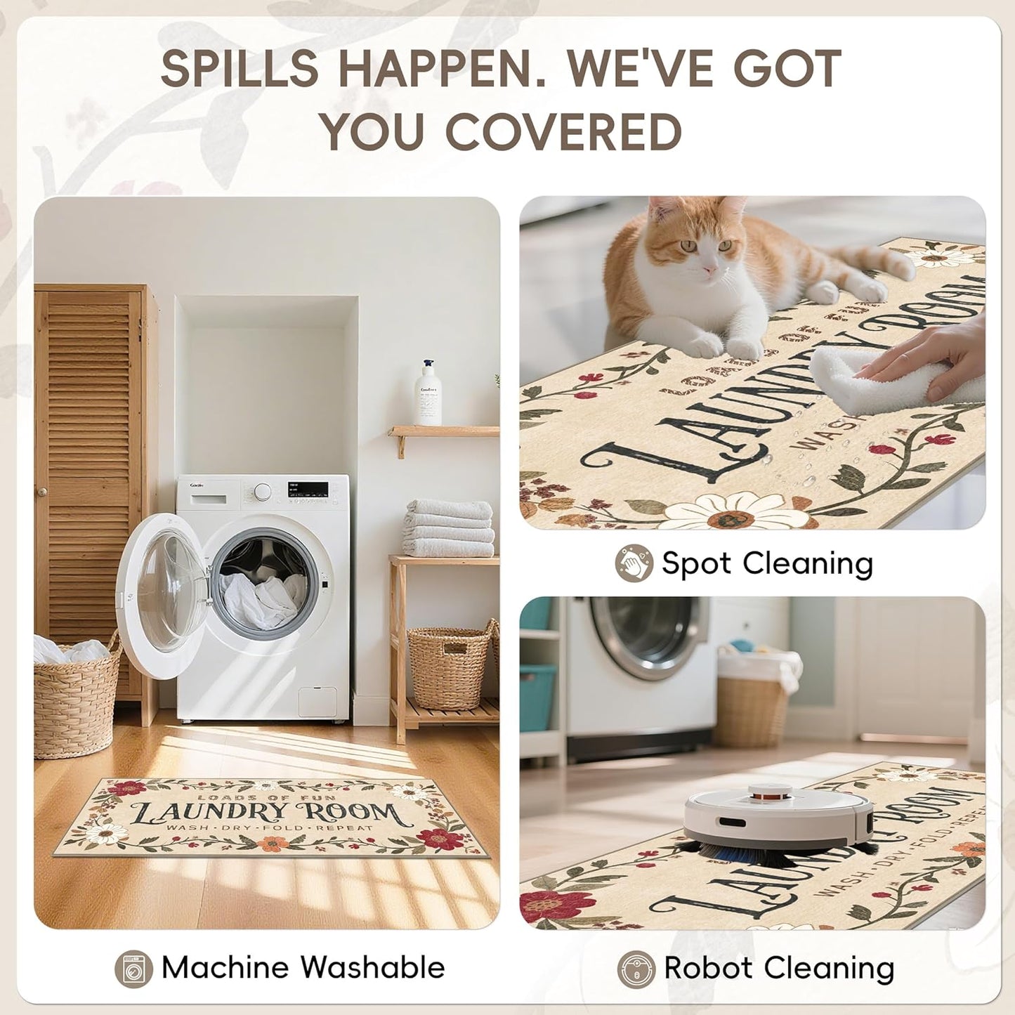 Laundry Room Rug 20"x47" – Low-Profile Boho Non-Slip Runner Rug with TPE Backing, Durable Washable Soft Laundry Mat, Comfortable Floor Mat for Laundry Room Organization, Fits Washer Front, Kitchen Mat