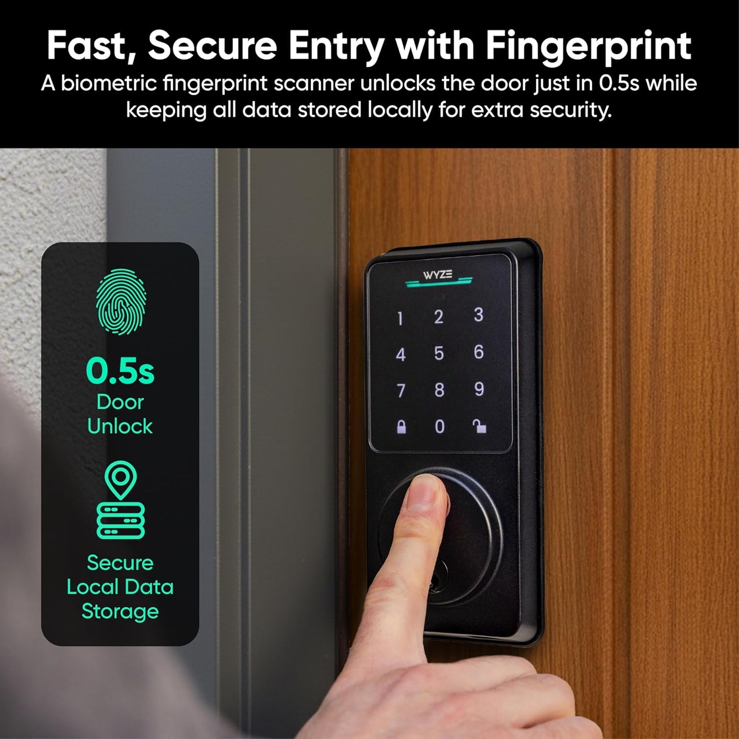 Wyze Auto-Lock Bolt v2, Fingerprint Keyless Entry Smart Lock, AI Learning Scanner with Wi-Fi Front Door Lock Deadbolt, Auto-Lock, 8 Months Battery, BHMA2, IP53, Anti-Peep Keypad, Backup Keys