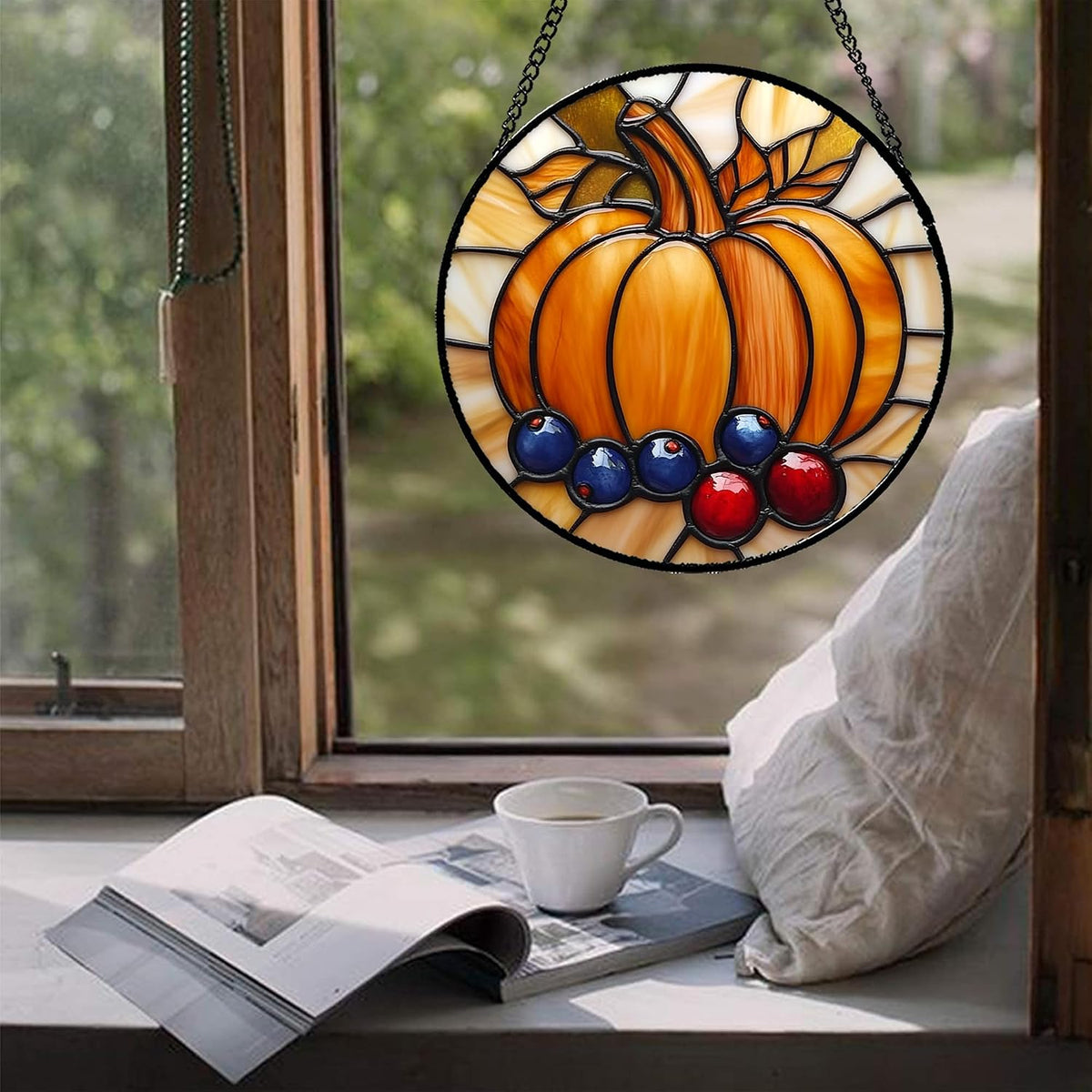 DASTOLL Stained Glass Window Hanging Fall Pumpkin Berries Large 15" - Suncatcher Door Garden Kitchen Sunroom Sun Catcher Autumn Home Decor Birthday for Mom Grandma Men Woman