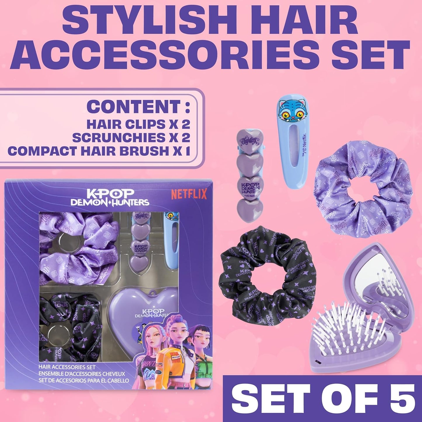 Get Trend KPop Demon Hunters Hair Accessories for Girls, Hair Clips, Satin Scrunchies, Brush with Compact Mirror, Official Licensed Huntrix 5 Piece Travel Essentials Set Gifts for Girls