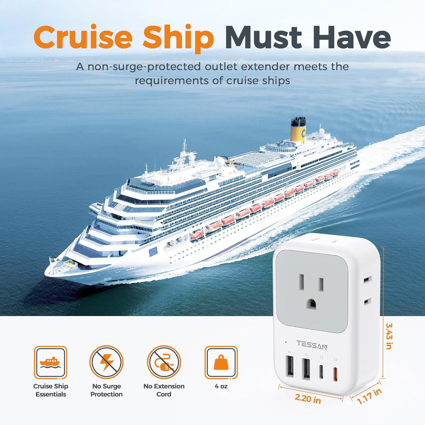 TESSAN USB C Charger Block 20W PD, Fast Charging Adapter with Foldable Plug, 1875W Power Outlet Extender(4 AC and 4 USB) for Cruise, Home, Office, Dorm Room Essentials, Grey