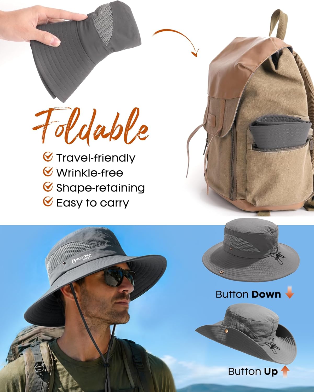 FURTALK Mens Bucket Sun Hat UPF 80+ Wide Brim Hiking Fishing Beach Outdoor Hats