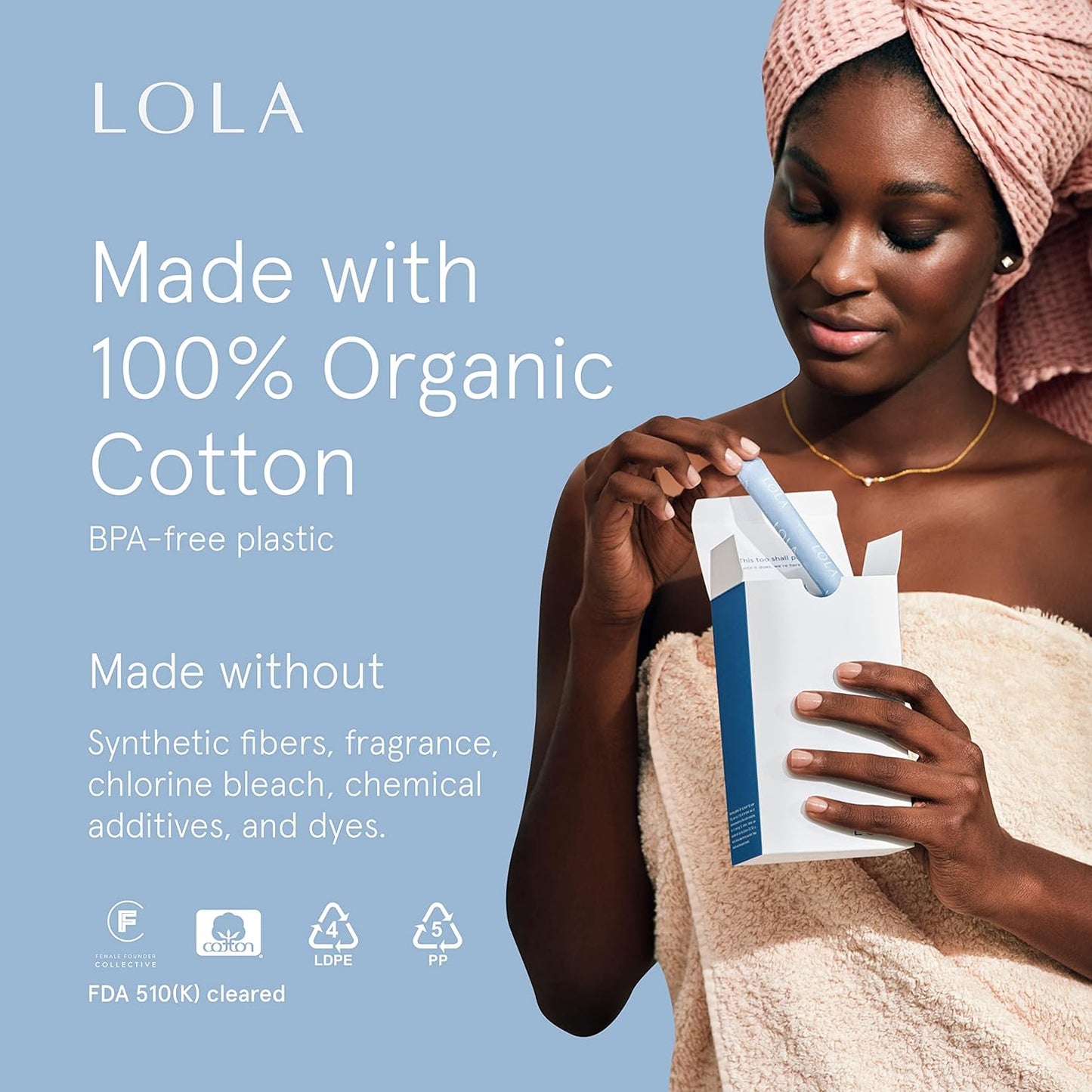 LOLA Organic Tampons - Regular Absorbency, 32 Count - Bulk Tampons for Women with BPA-Free Plastic Applicator & Hypoallergenic, Toxin-Free Feminine Hygiene Product