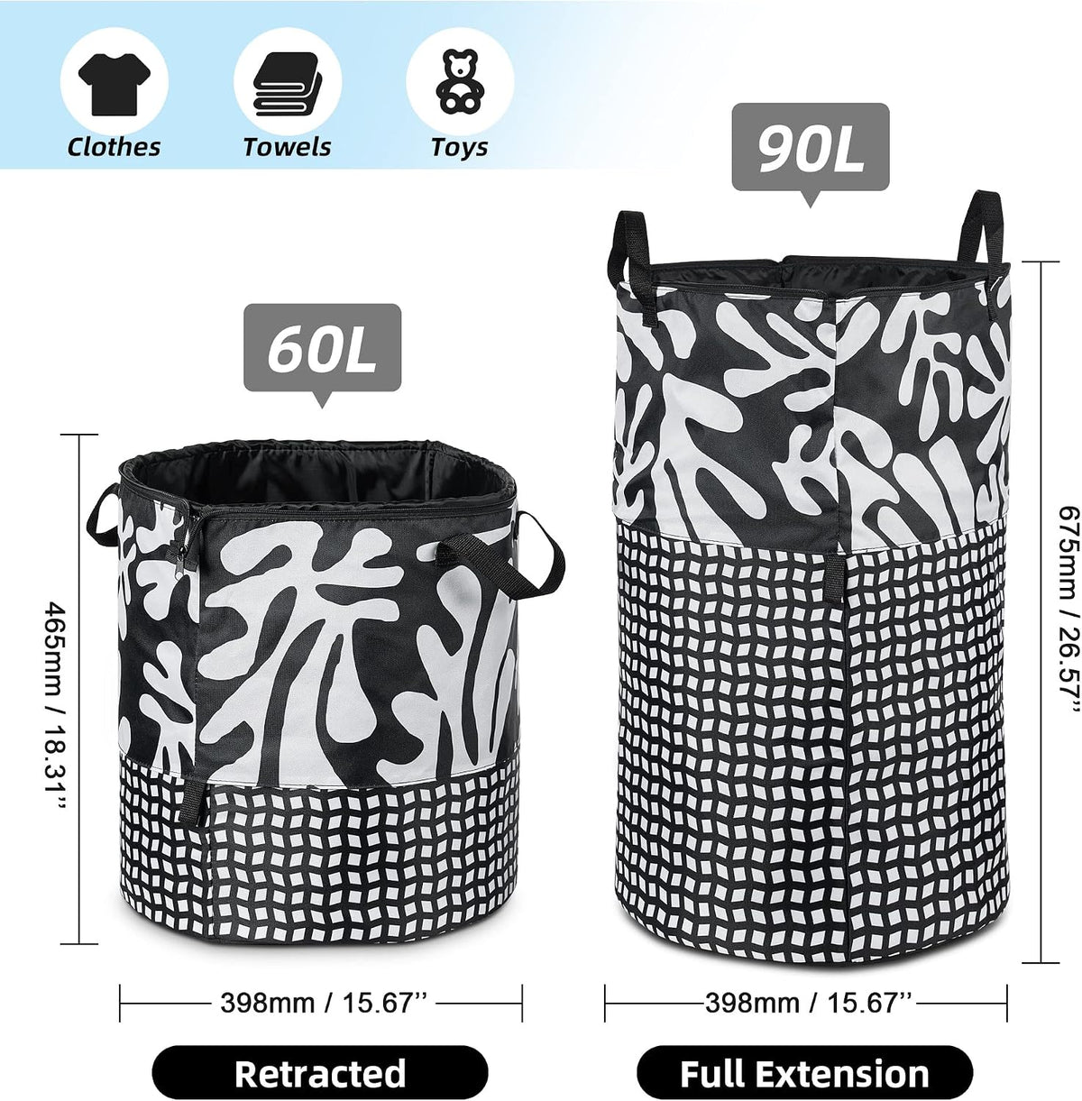 JOMOLA Large Collapsible Laundry Basket 90L Fabric Foldable Laundry Hamper Extendable Dirty Clothes Laundry Bag with Handles for Family College Dorm Storage Organizer (Black)