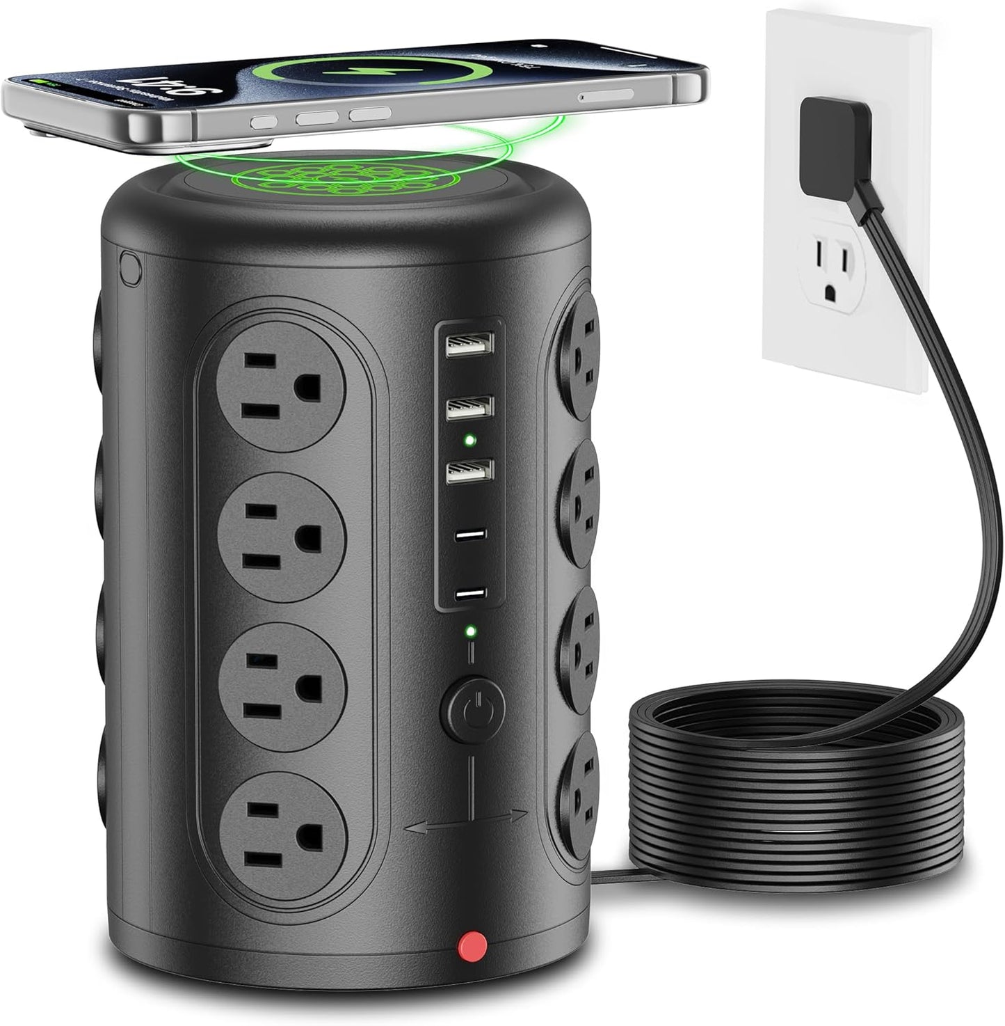 Power Strip Tower, TenTrend 16 Outlets and 5 USB Ports (2 USB-C), 2000 Joules Charging Station, 6FT Flat Plug Extension Cord for Home Office Dorm Room Essentials, Black