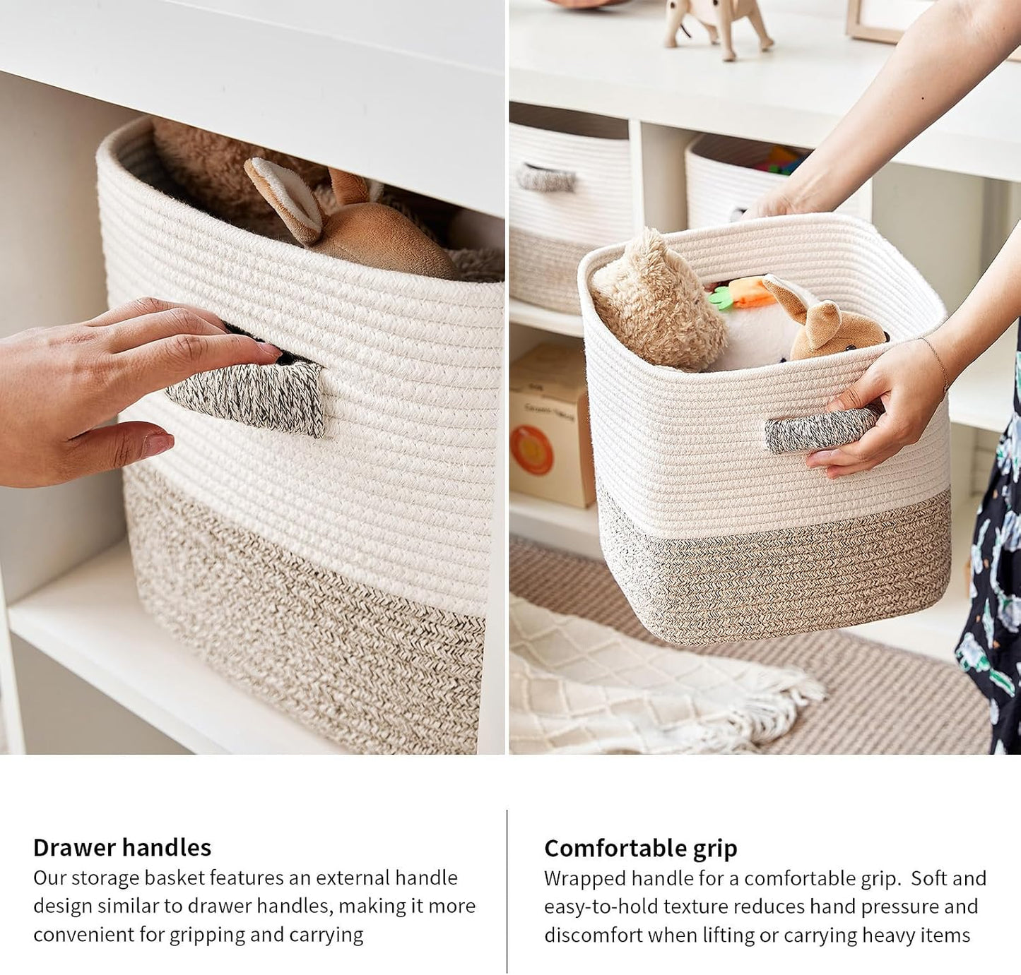 R RUNKA Storage Cube Baskets 3-Pack - 11 inch Square Baskets, Closet & Shelves Organizers - Woven & Drawer Storage - Ideal for Toys | White & Beige