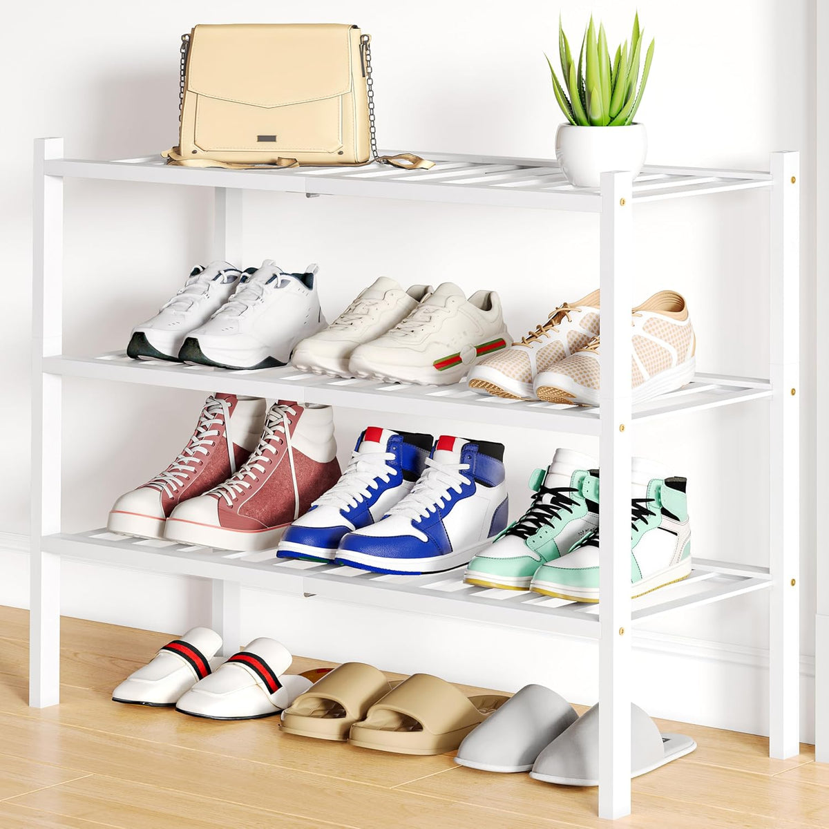 Smiry Bamboo Shoe Rack, 8 Vertical Slats, 4 Tier - 17.3" Wide, Black