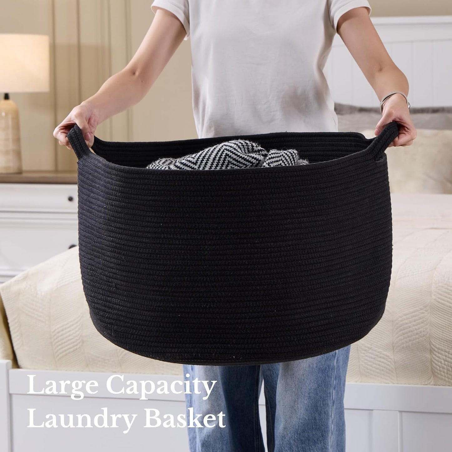 Luxury Little Extra Large Nursery Storage Basket, 22 x 22 x 14 inches - 100% Cotton Rope Baskets with Handles, Blanket Basket for Toys, Blankets & Pillows - Inner Black