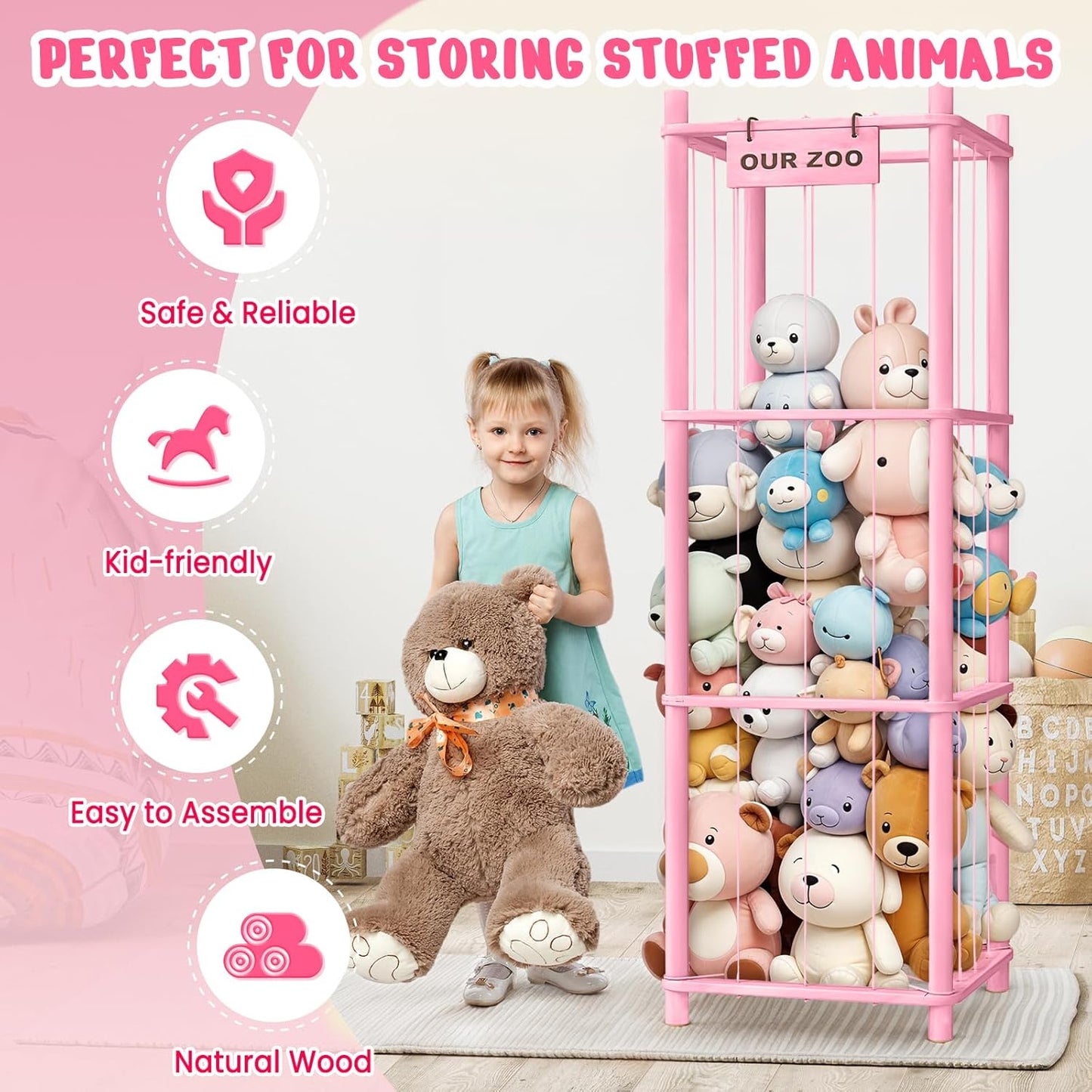 Woodure Stuffed Animal Storage & Organizer, Wooden Cute Zoo Toy Holder for Toddler Rooms, Playrooms & Bedrooms（Pink）