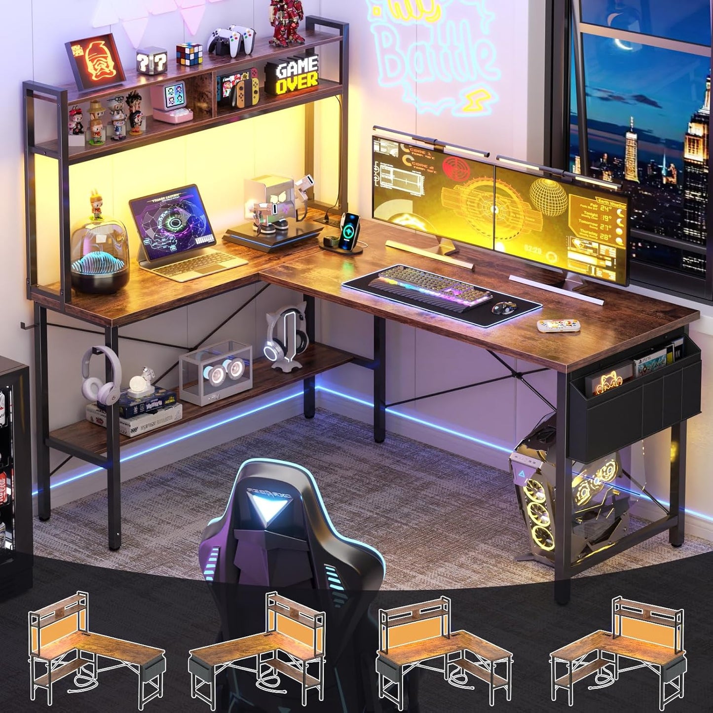 Aheaplus L Shaped Desk Gaming Desk, 59" L Shaped Computer Desk with LED Light & Power Outlet, Reversible Home Office Desk Gamer Desks with Shelves & Storage Bag & Hooks, Corner PC Desk, White