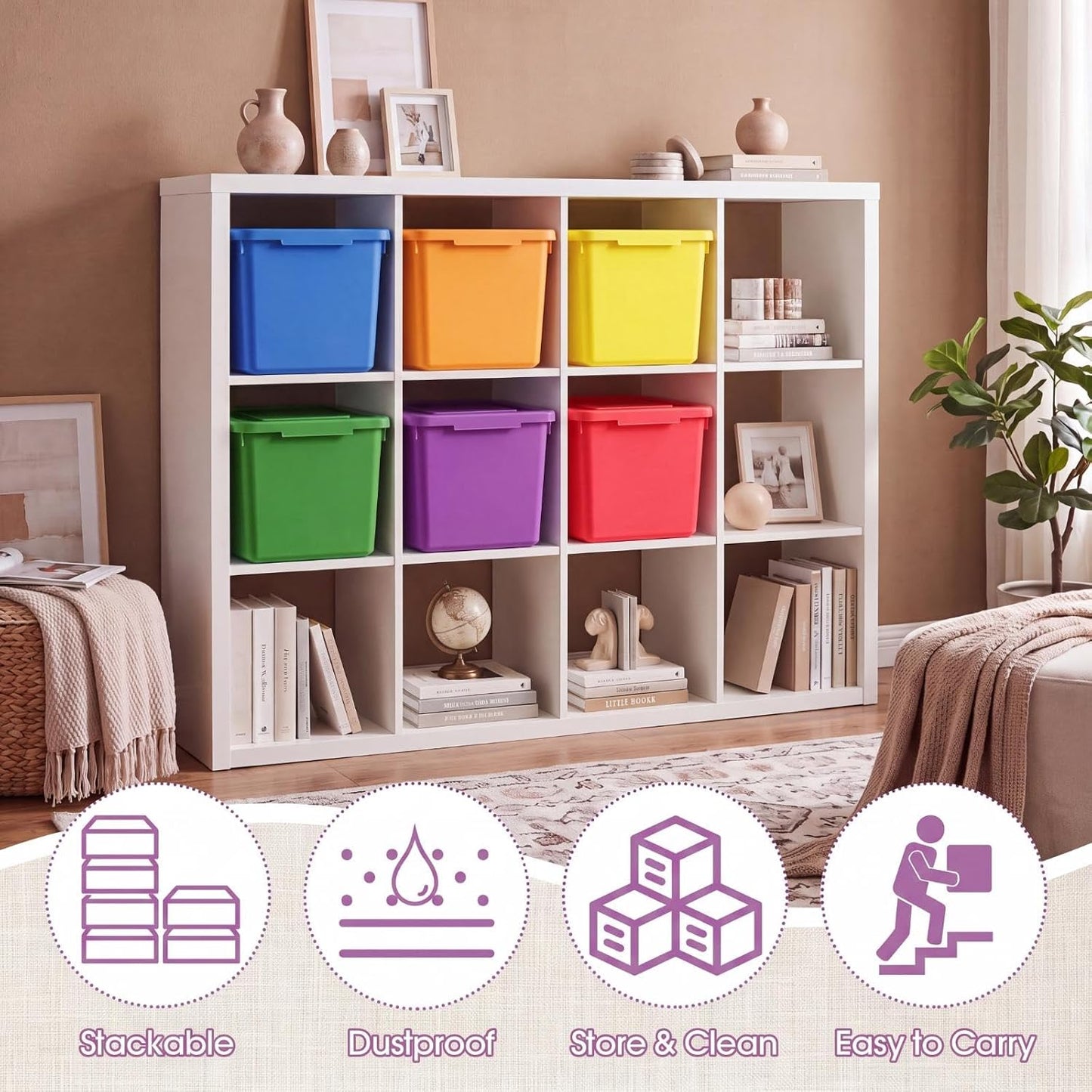 Potchen 6 Pack Small Stackable Storage Bins with Lids Plastic Storage Boxes for Classroom 9.8" ×7.3" ×5.7" Decorative Organizer Bins for Craft Art Office Teacher Supplies (Colorful)