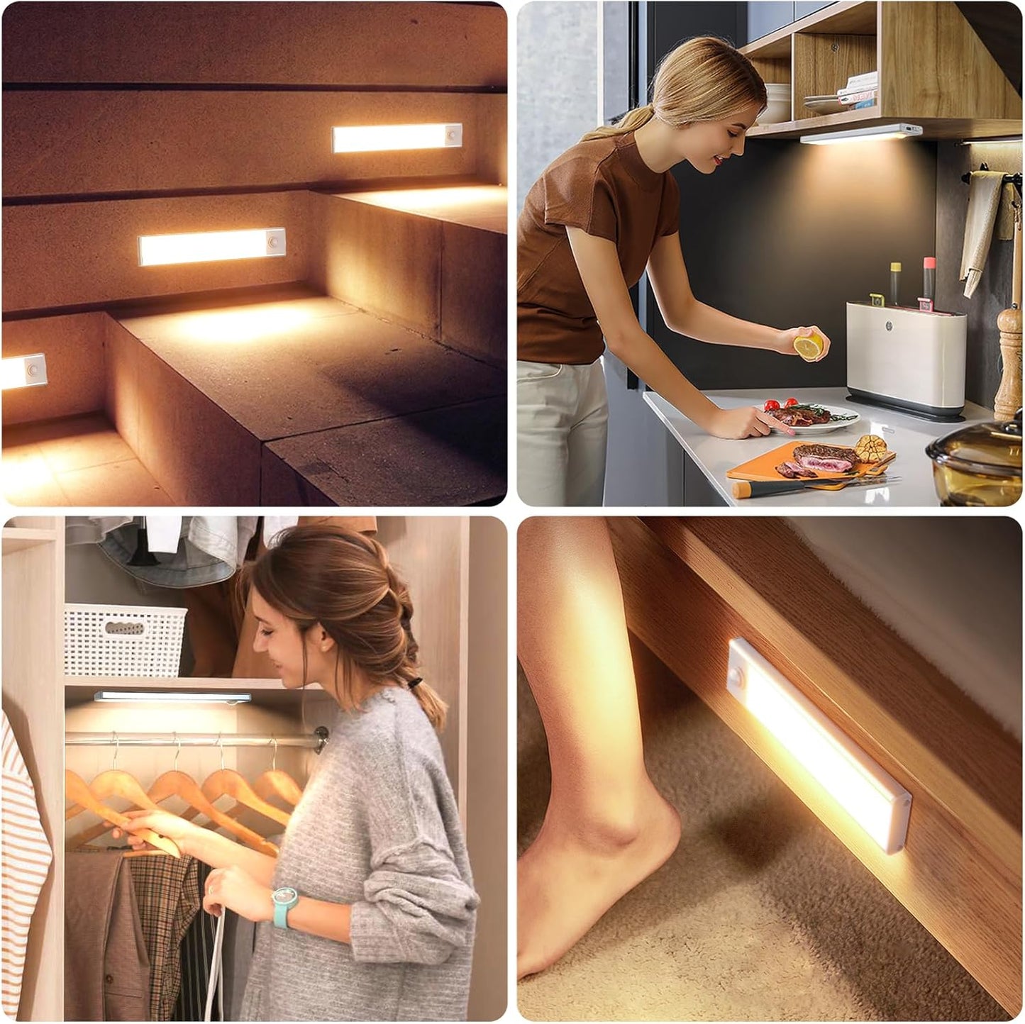 6 Pack Under Cabinet Lighting Wireless, 32 LED Rechargeable Battery Motion Sensor Light Indoor, Stick On Magnetic Closet Lights, Under Counter Lights for Kitchen, Stairs, Warm 8 in