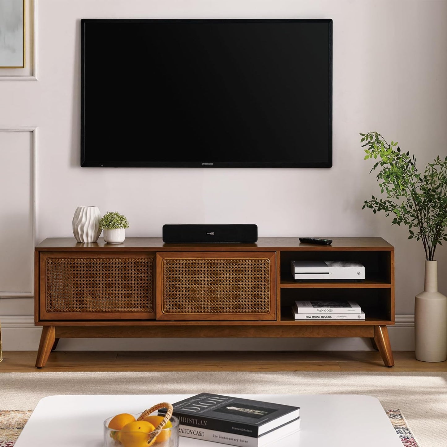 LKTART 59" Mid Century Modern TV Stand,Rattan Media Console for Living Room