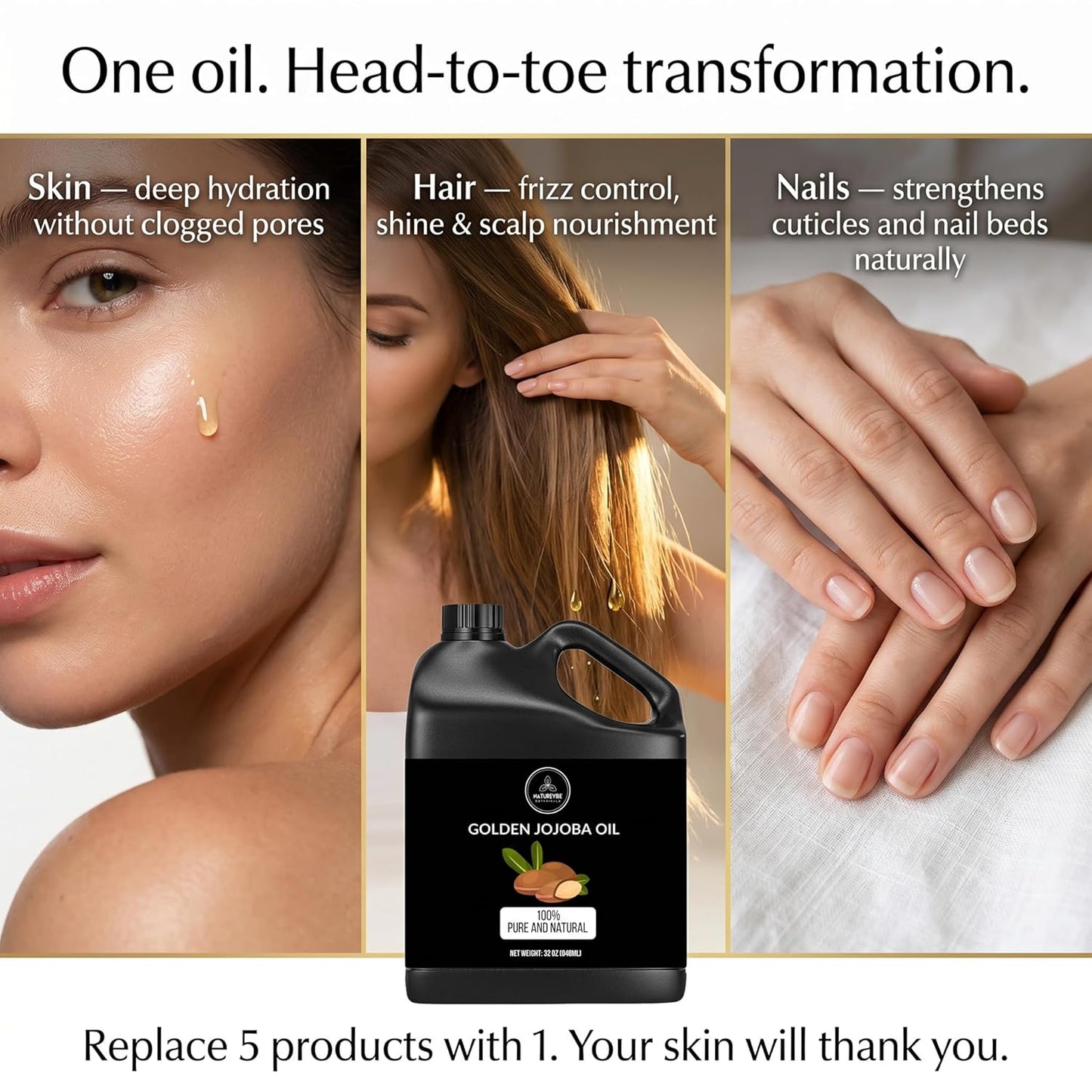 Naturevibe Botanicals Golden Jojoba Oil 32 oz – 100% Pure, Cold-Pressed Moisturizer for Skin & Hair | Antioxidant-Rich, Non-Greasy, Carrier Oil & Daily Hydration