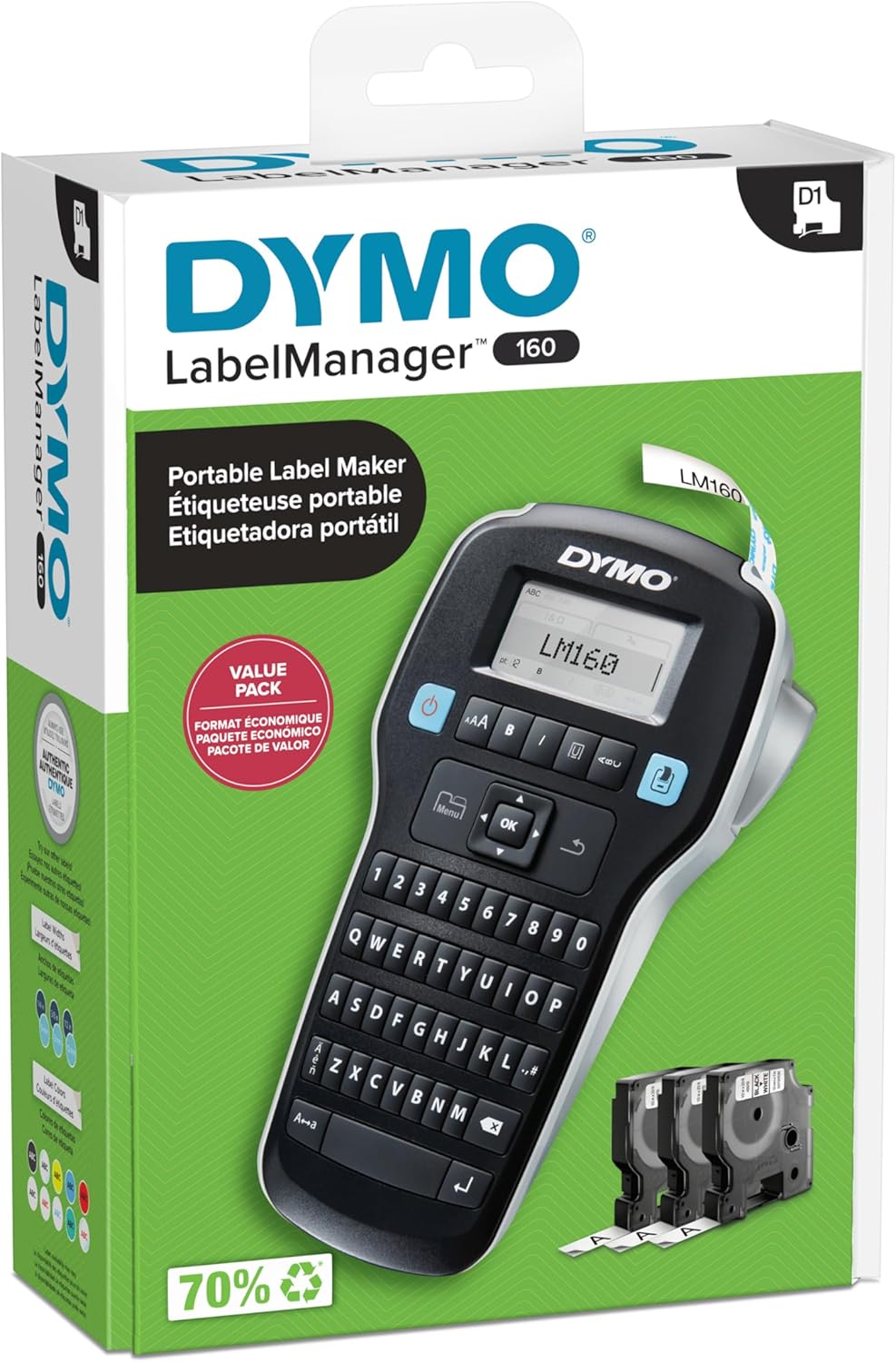 DYMO LabelManager 160 Label Maker Bundle with 3 D1 Label Cassettes, Portable Handheld, QWERTY Keyboard, One-Touch Smart Keys, Large Display, Home & Office Organization