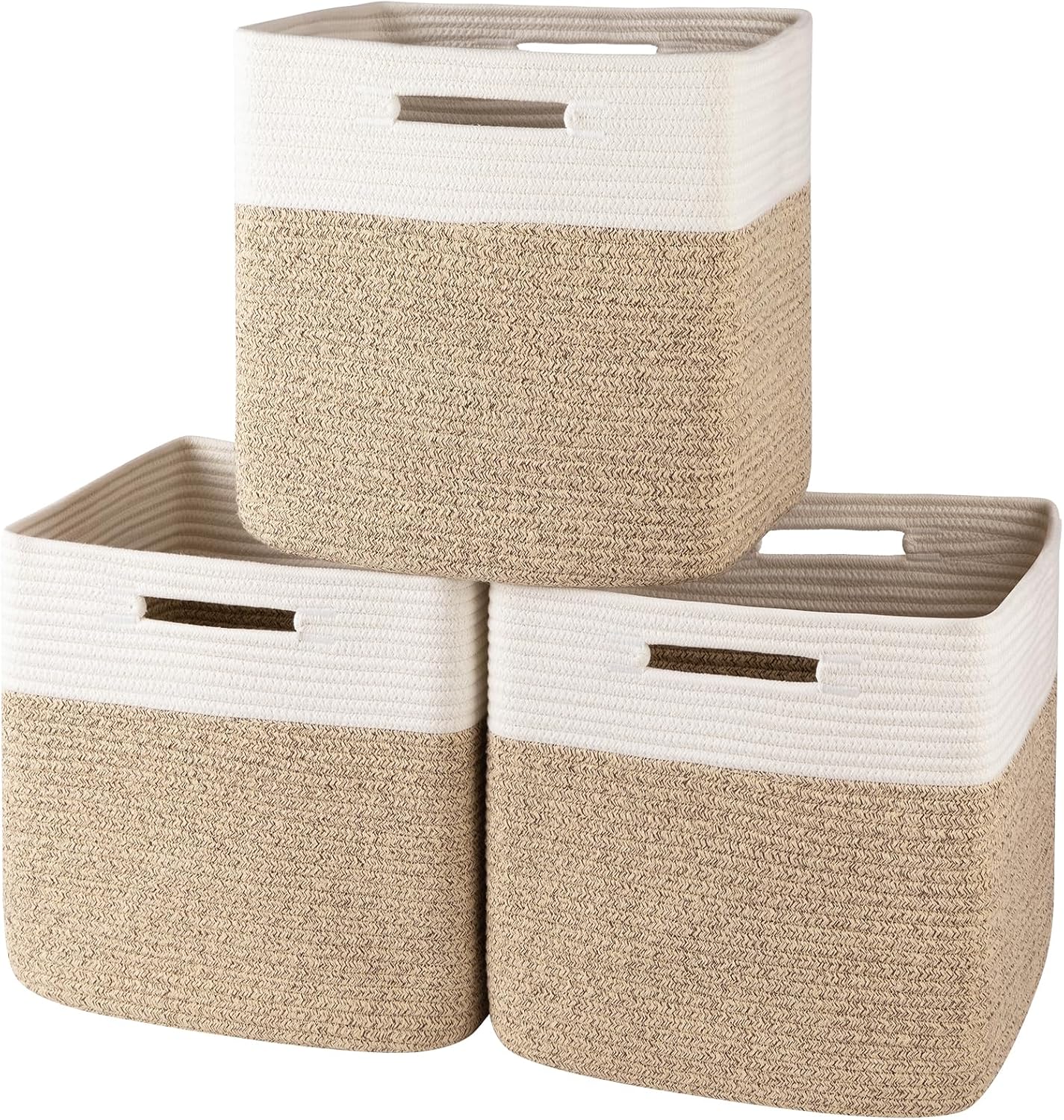OIAHOMY 13 Inch Cube Storage Bins, 3-Pack Cotton Rope Woven Baskets for Organizing, Insert Storage Baskets for Shelves, Baby Nursery, Closet Organizer, 13 * 13 * 12.6IN, Brown & White